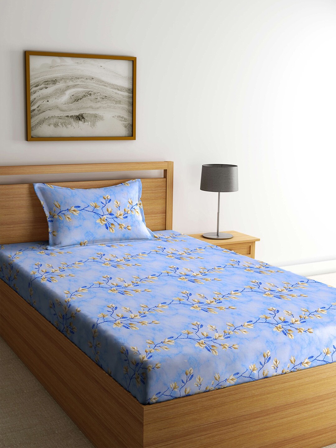 KLOTTHE Blue & White Floral-Printed 400TC Pure-Cotton Fitted Single Bedsheet Set