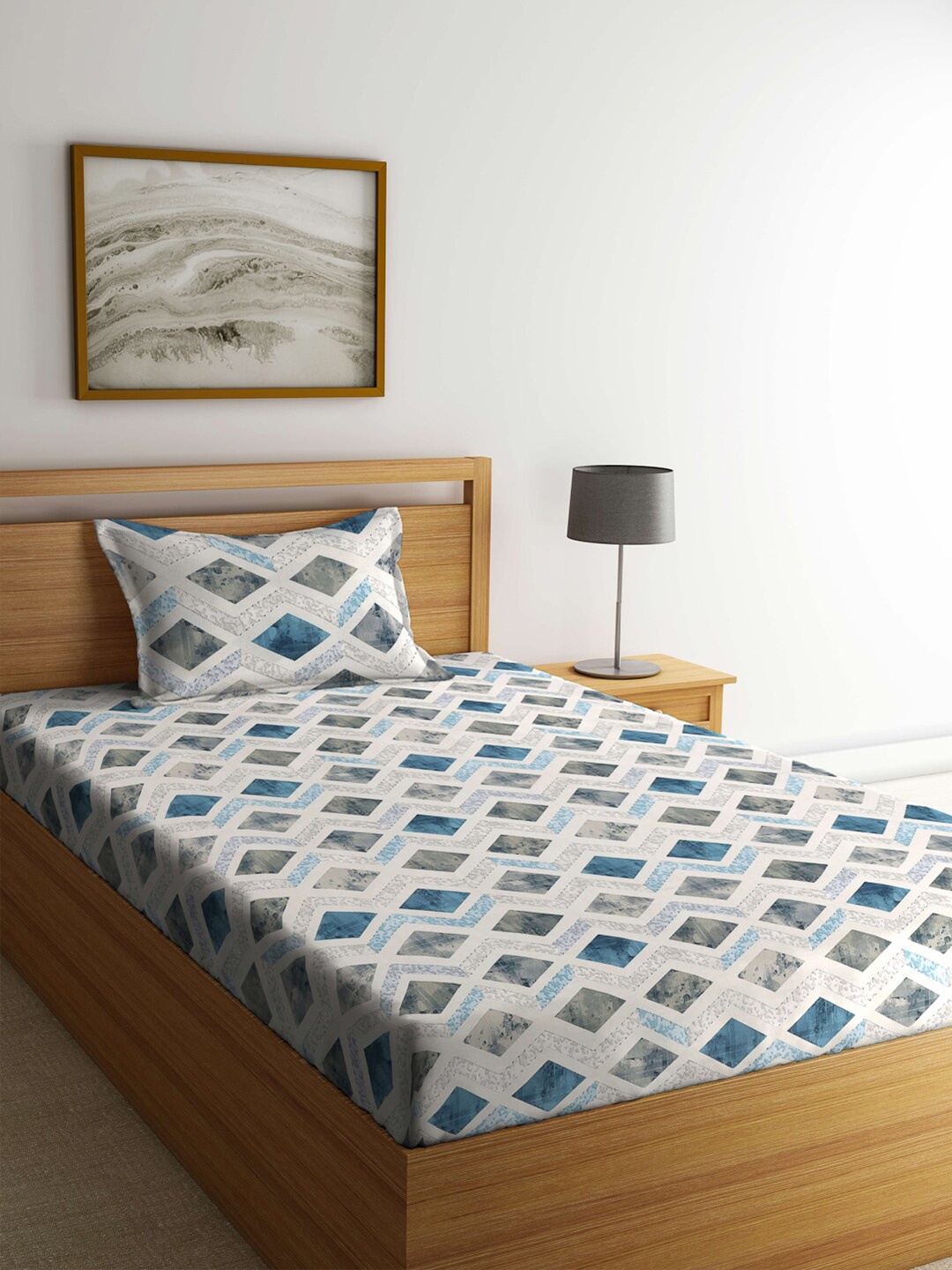 

KLOTTHE Blue & White Geometric-Printed 400TC Pure-Cotton Fitted Single Bedsheet Set