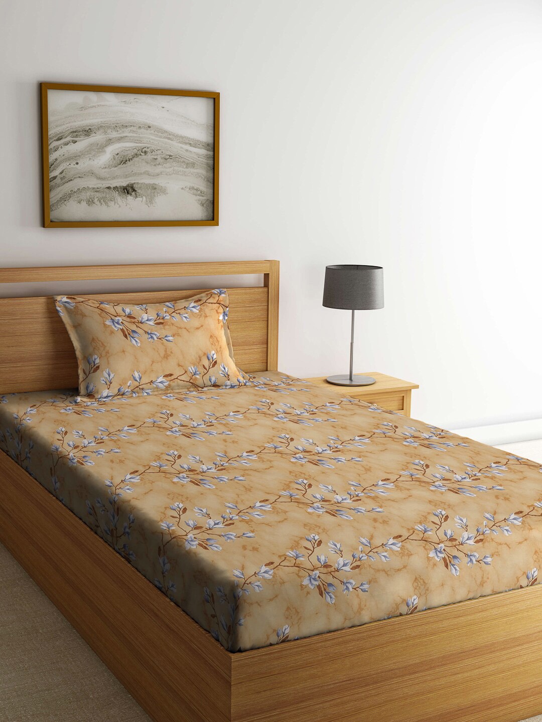 KLOTTHE Brown & White Floral-Printed 400TC Pure-Cotton Fitted Single Bedsheet Set