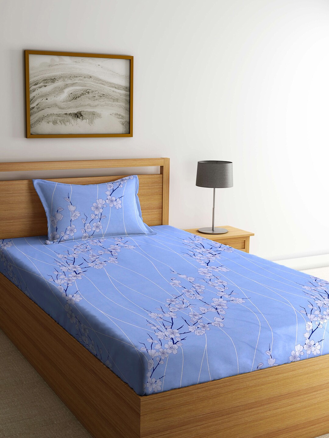 

KLOTTHE Blue Floral-Printed Pure Cotton 400 TC Single Bedsheet With 1 Pillow Cover, Multi