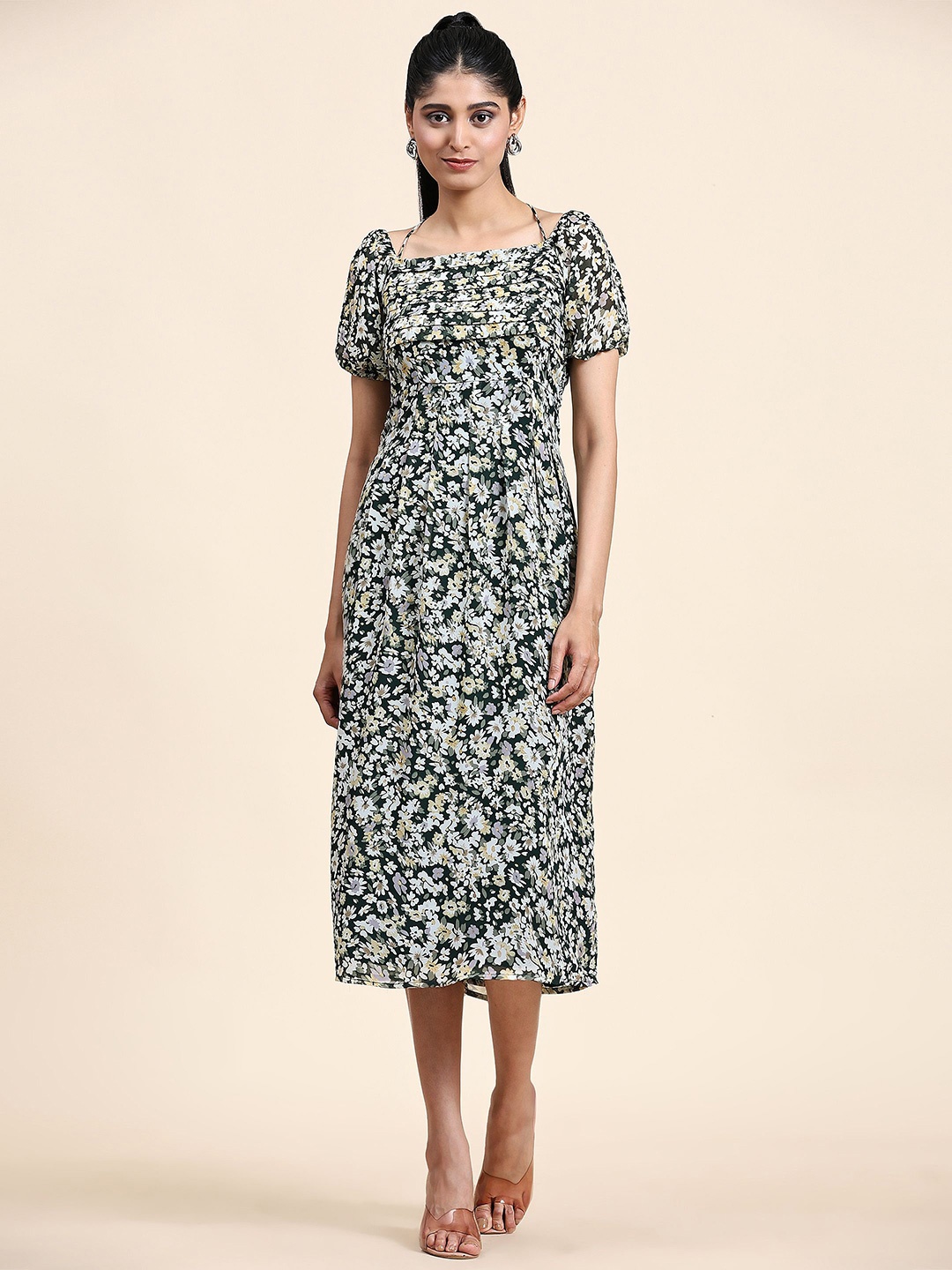 

BAESD Floral Printed Square Neck Accordion Pleated Puff Sleeve A-Line Cotton Midi Dress, Green