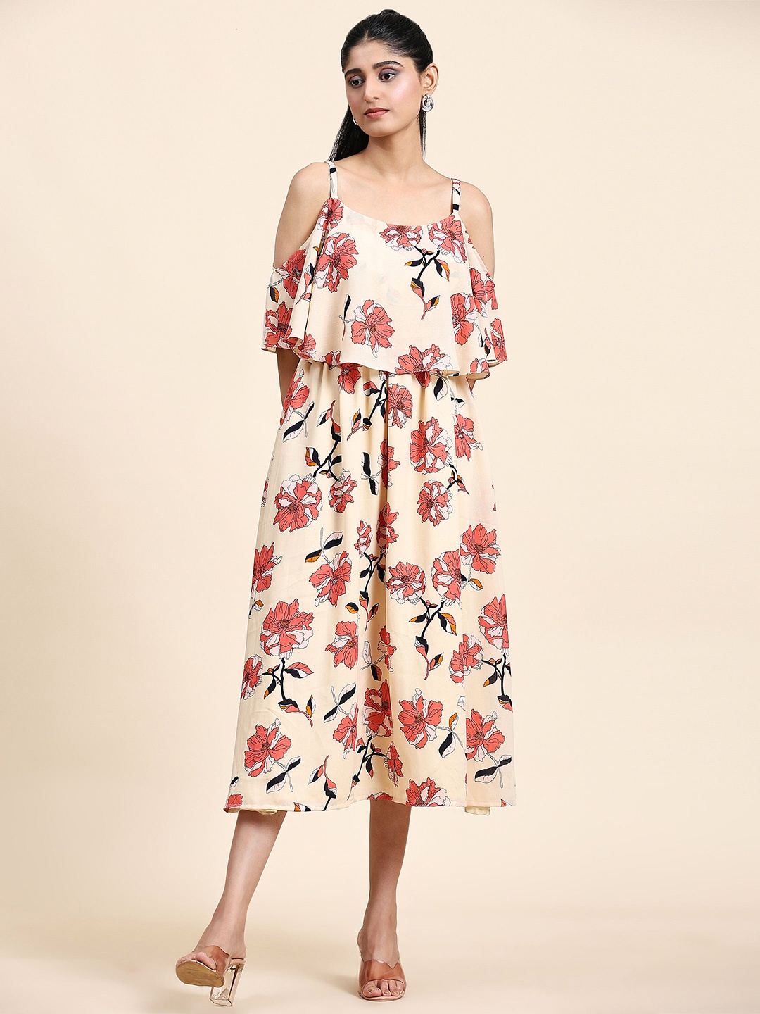 

BAESD Floral Printed Cold-Shoulder A-Line Cotton Midi Dress, Cream