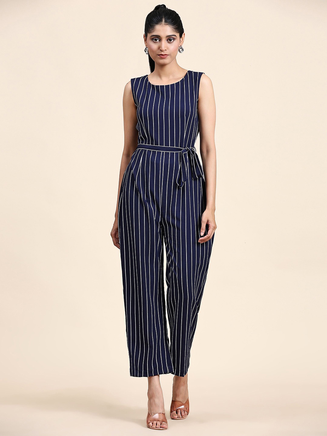 

BAESD Cotton Round Neck Striped Belted Jumpsuit, Blue