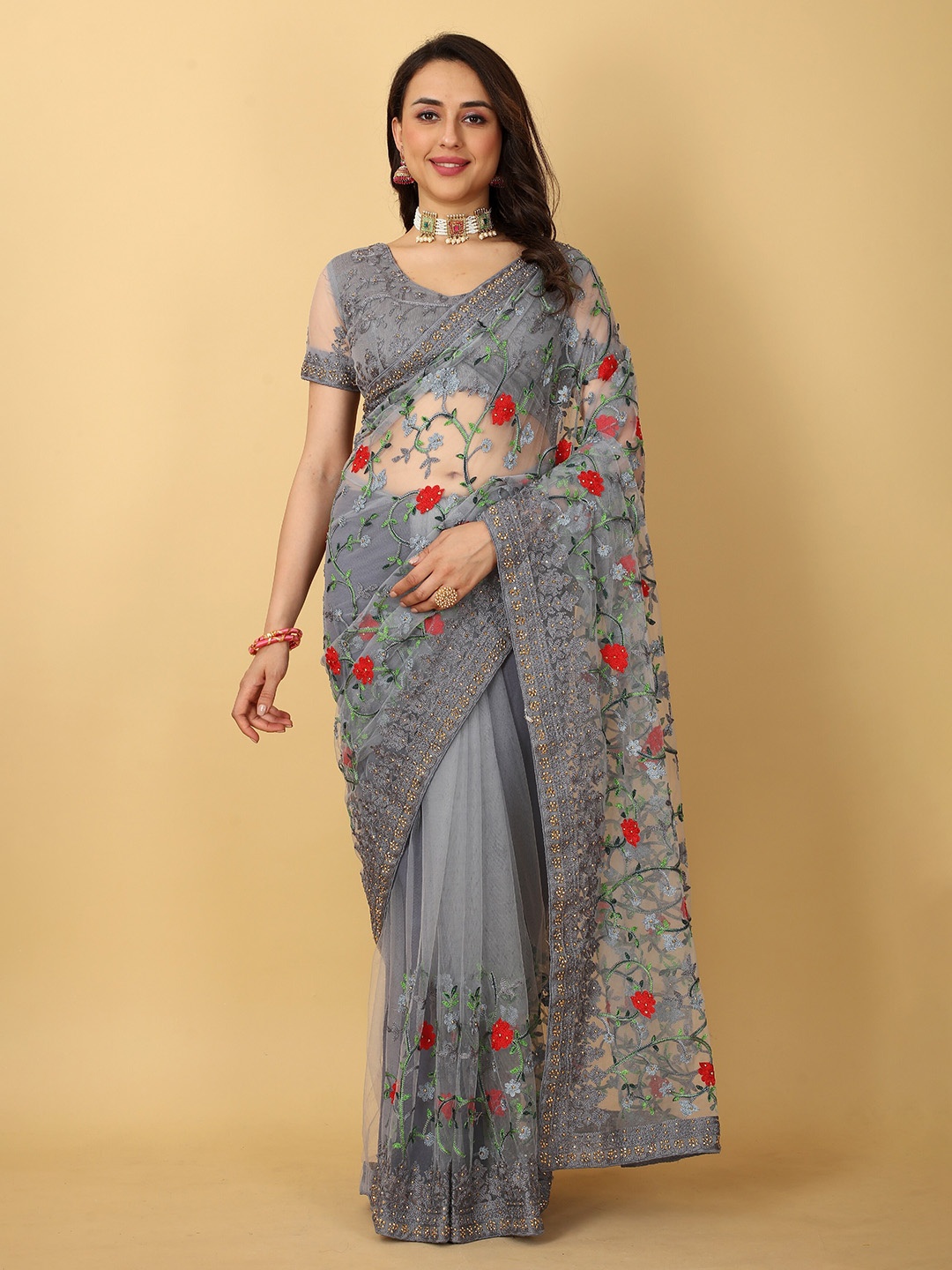 

JSItaliya Floral Embroidered Net Saree, Grey