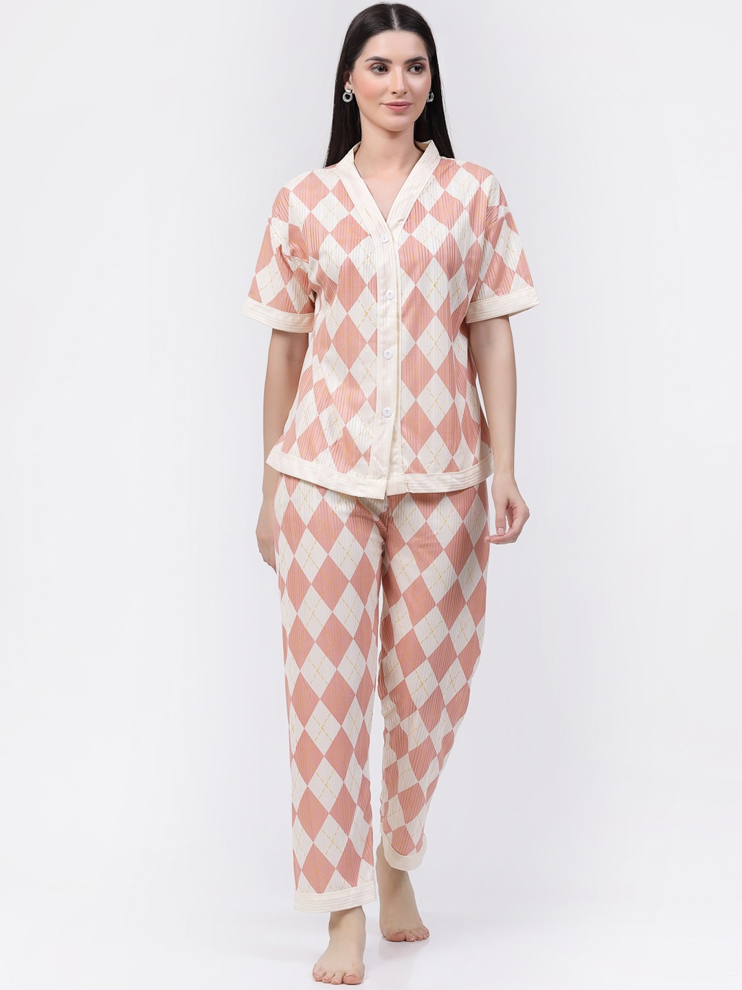 

KLOTTHE Geometric Printed Satin Night suit, Orange