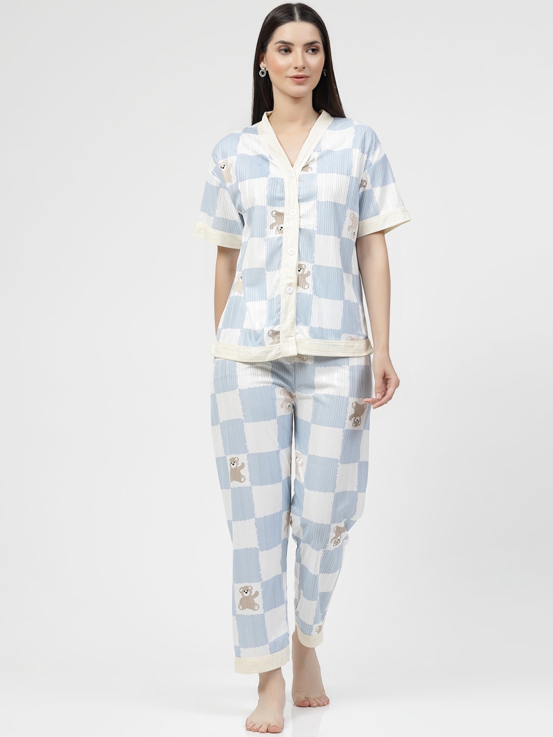 

KLOTTHE Geometric Printed Satin Night suit, Blue