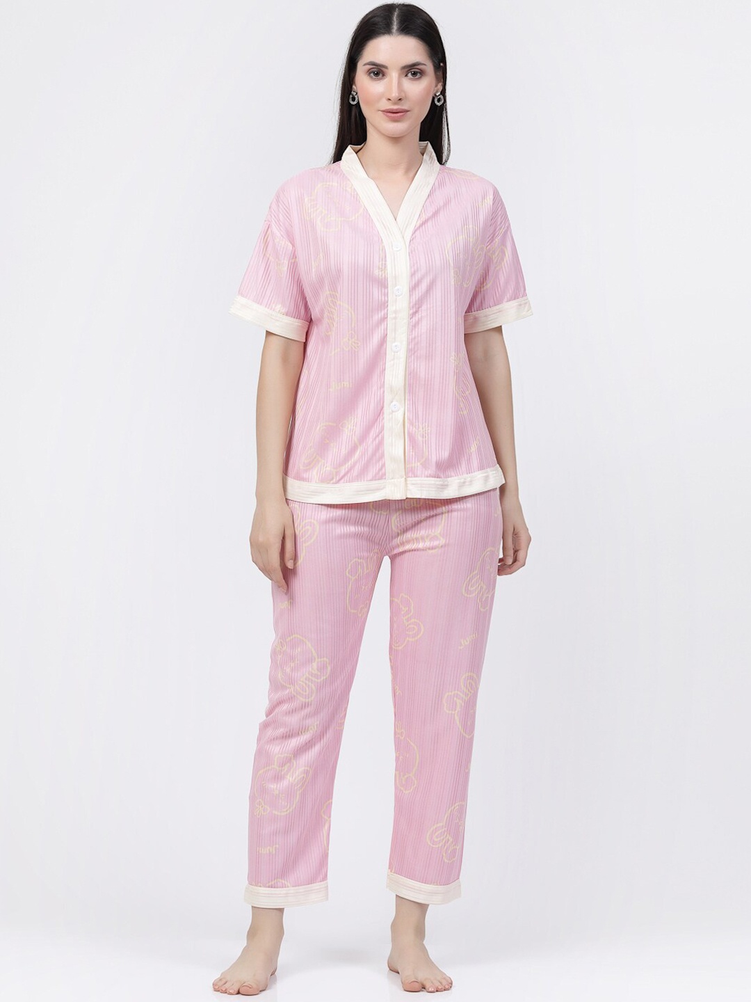 

KLOTTHE Cartoon Characters Printed Satin Night suit, Pink