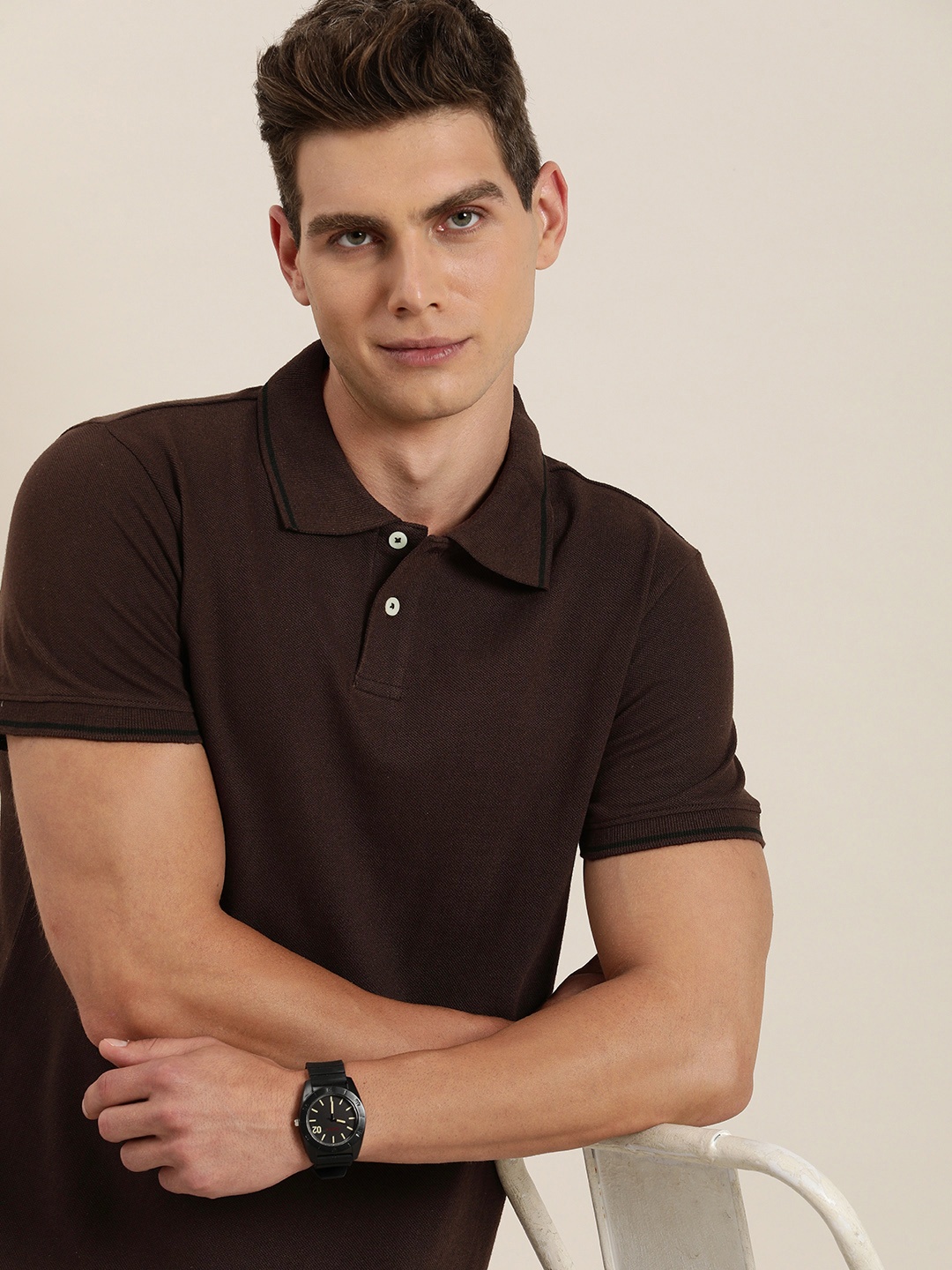 

INVICTUS Polo Collar Pure Cotton T-shirt, Brown