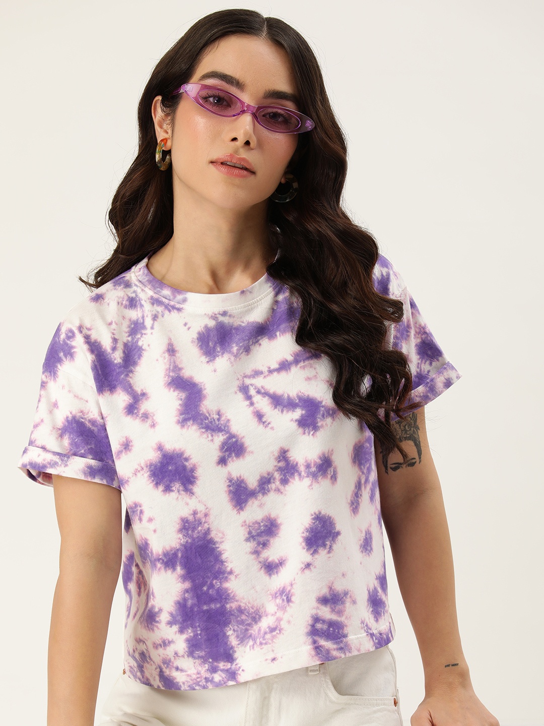 

Harvard Tie and Dye Drop-Shoulder Sleeves Casual T-shirt, Purple