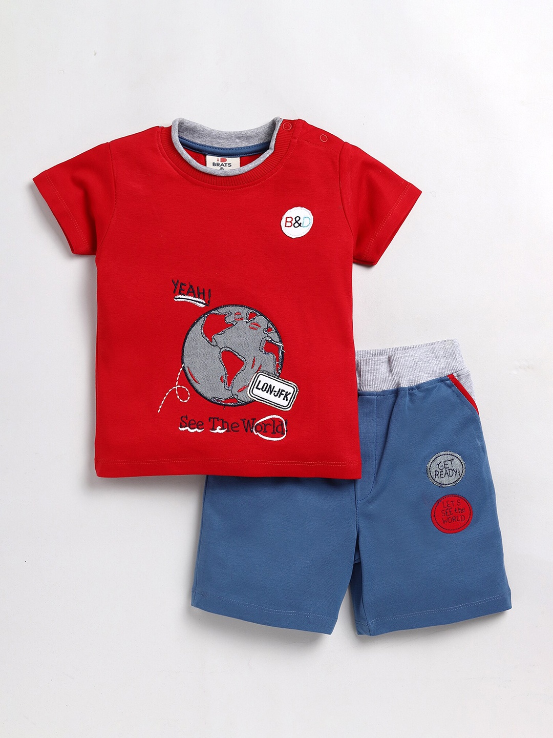 

BRATS AND DOLLS Girls Red & Blue Printed T-shirt With Shorts