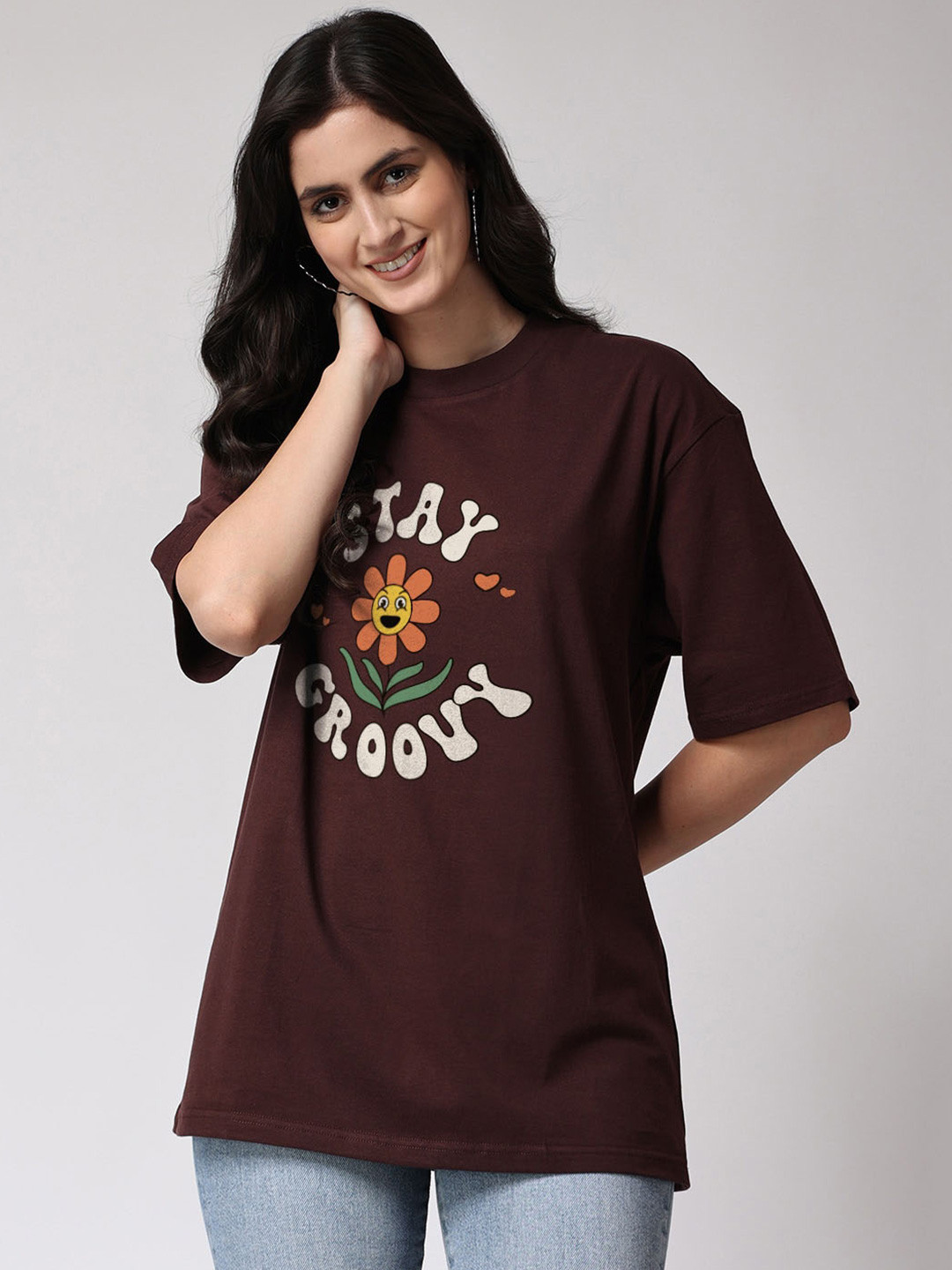 

The Label Bar Typography Printed Drop Shoulder Sleeves Loose Fit Cotton T-shirt, Brown