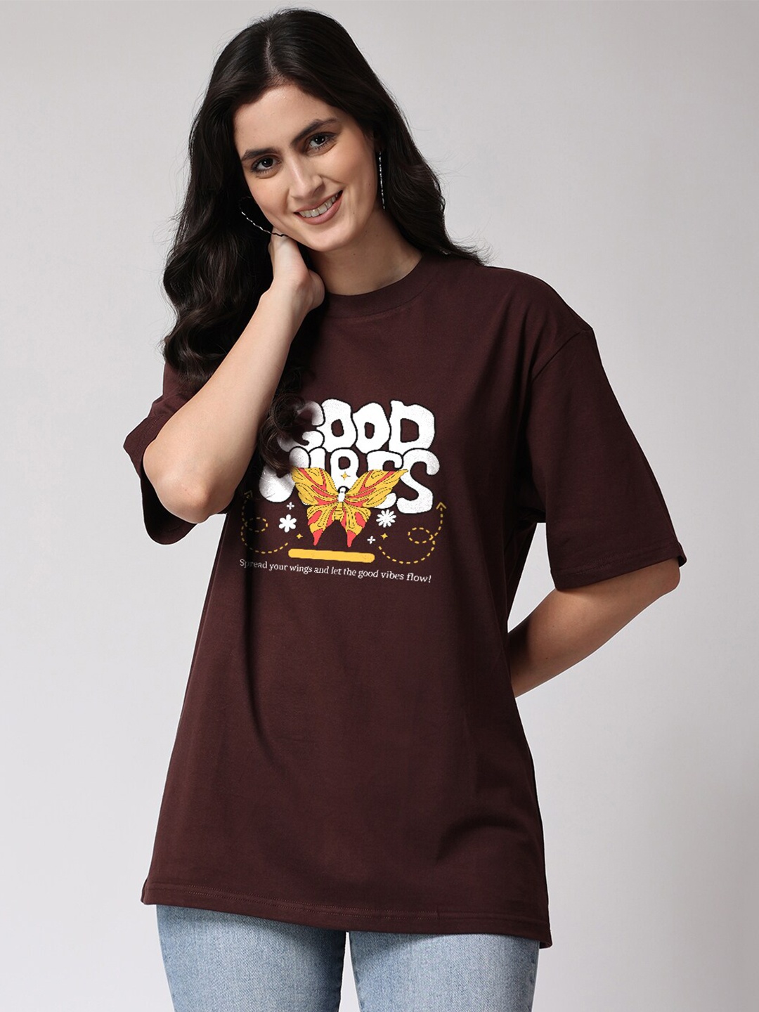 

The Label Bar Good Vibes Printed Oversized Cotton T-shirt, Brown