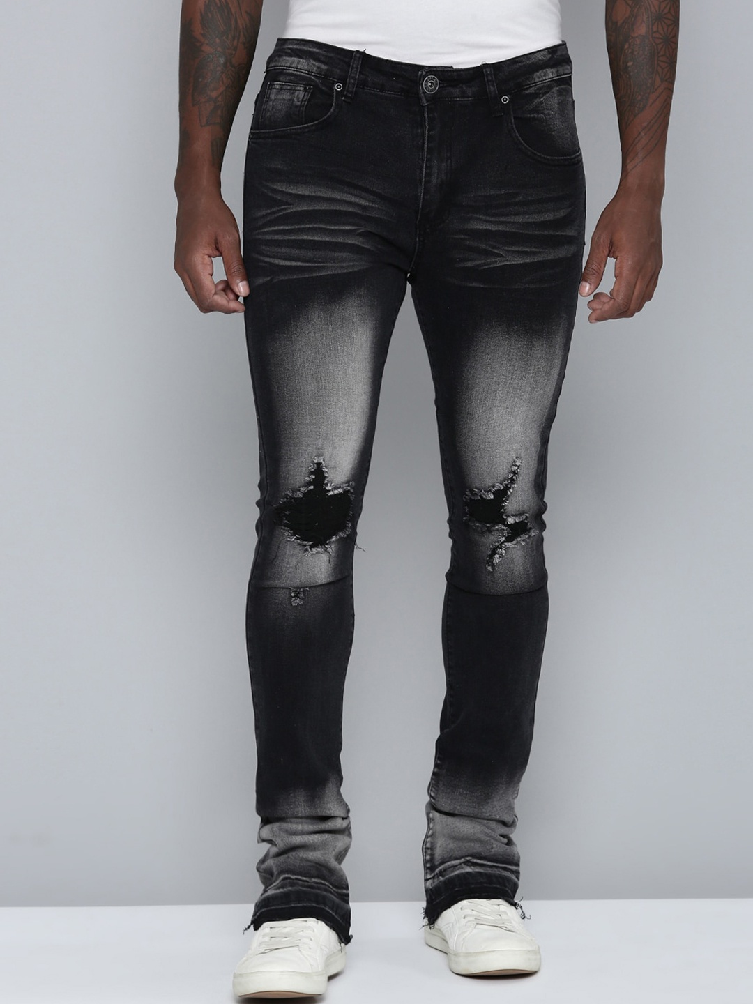 

WAIMEA Men Hollywood Bootcut Highly Distressed Heavy Fade Stretchable Jeans, Black