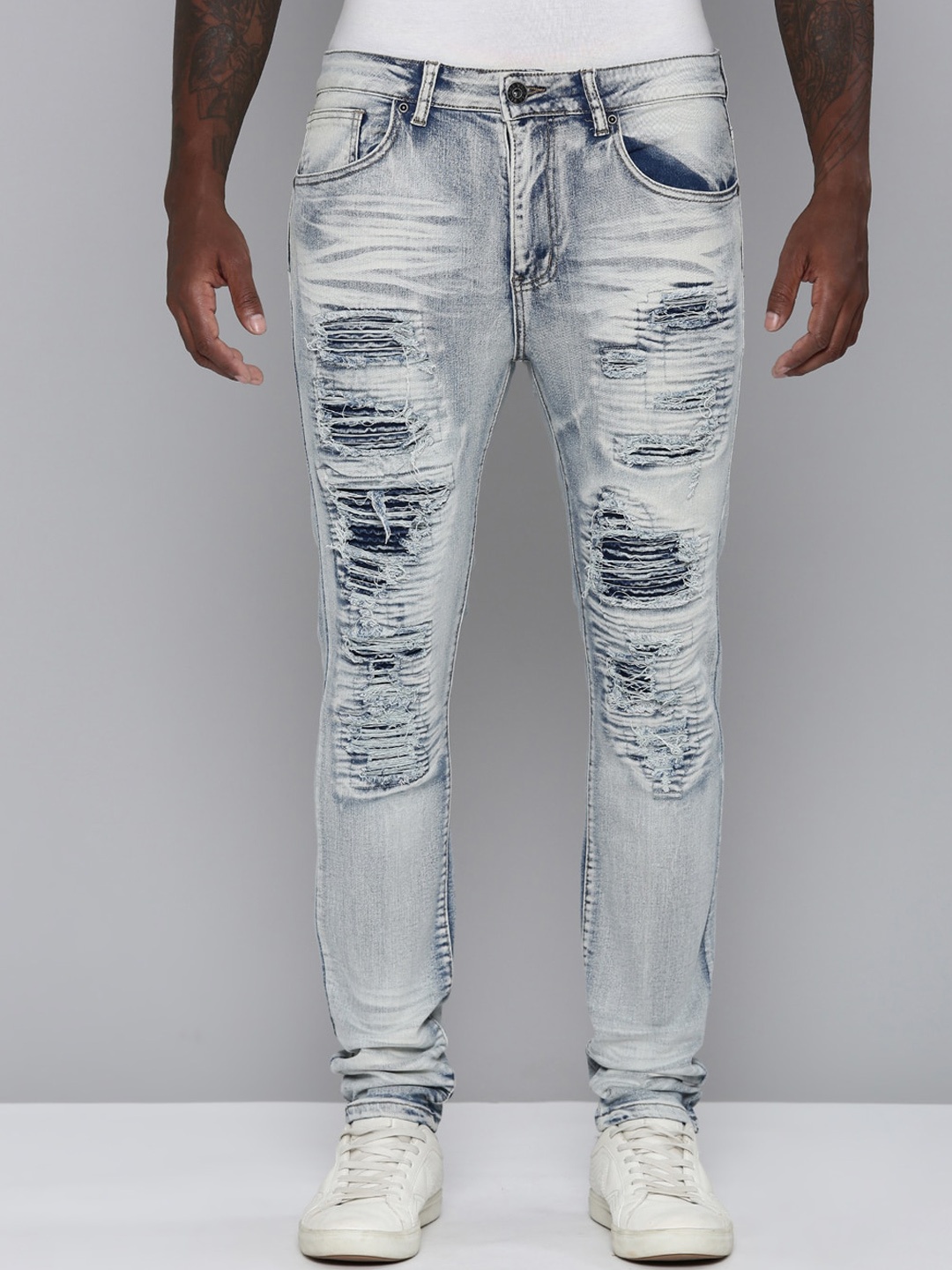 

WAIMEA Men Hollywood Heavy Fade Mid-Rise Slim Fit Highly Distressed Stretchable Jeans, Grey