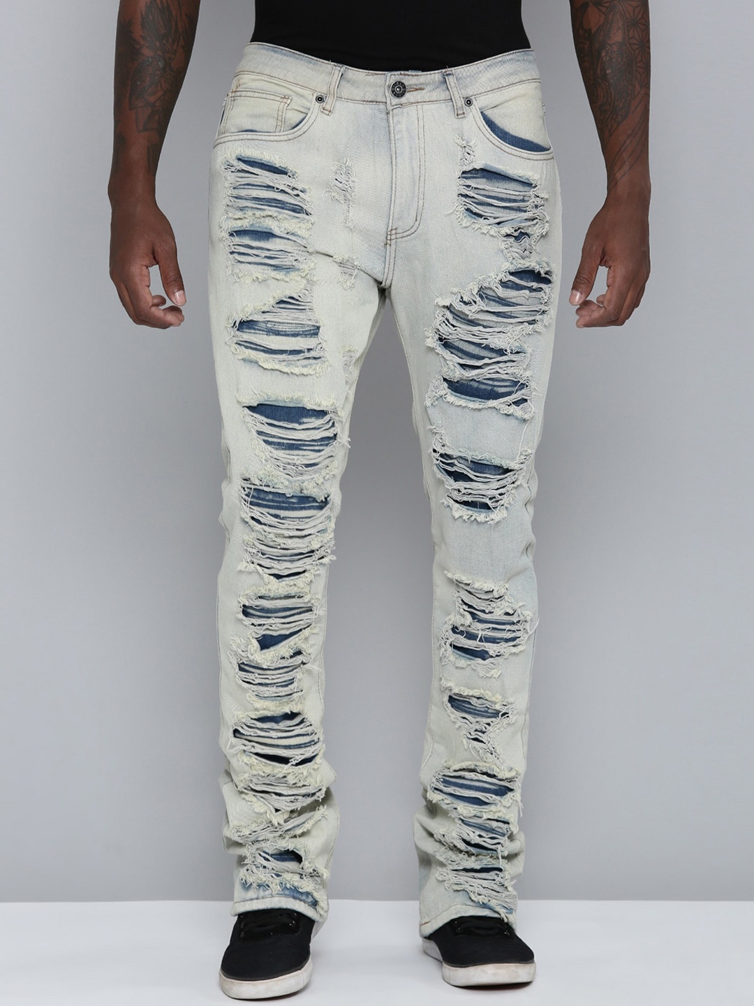 

WAIMEA Men Hollywood Fit Mid-Rise Highly Distressed Stretchable Bootcut Jeans, Grey