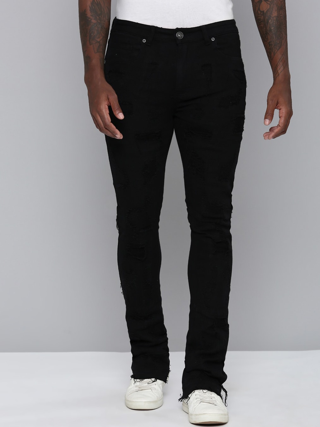 

WAIMEA Men Hollywood Fit Mid-Rise Highly Distressed Stretchable Bootcut Jeans, Black