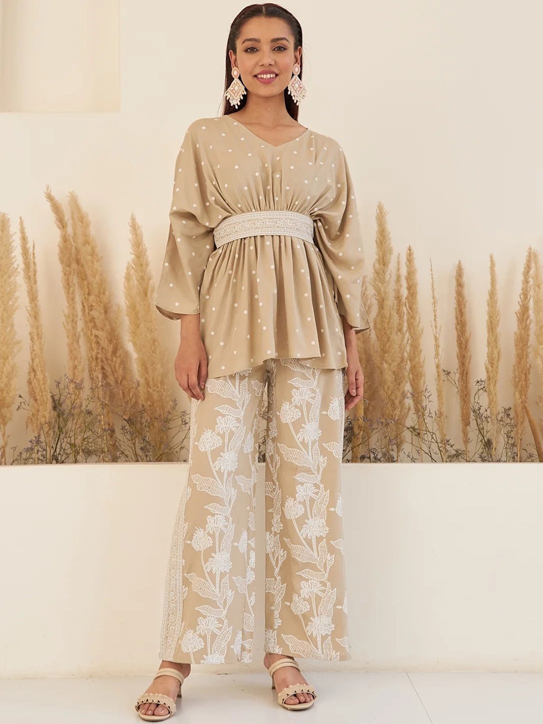 

KALINI Polka dot Printed V-Neck Kaftan Top With Palazzos, Cream