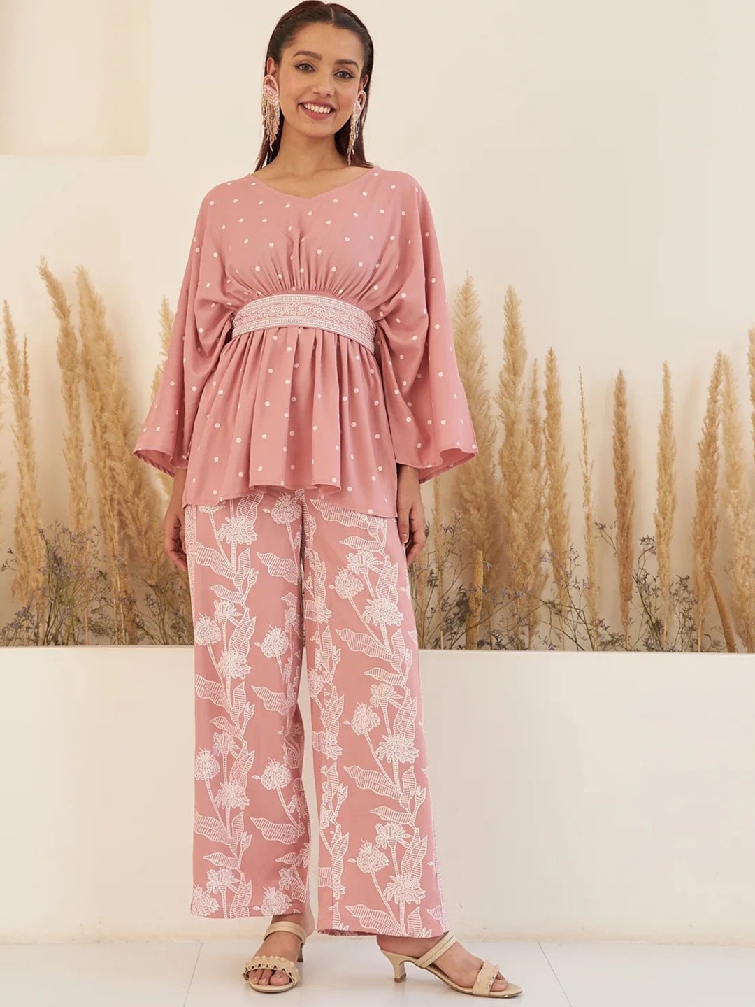 

KALINI V Neck Floral Printed Kaftan Top & Palazzo Co-Ords Set, Pink
