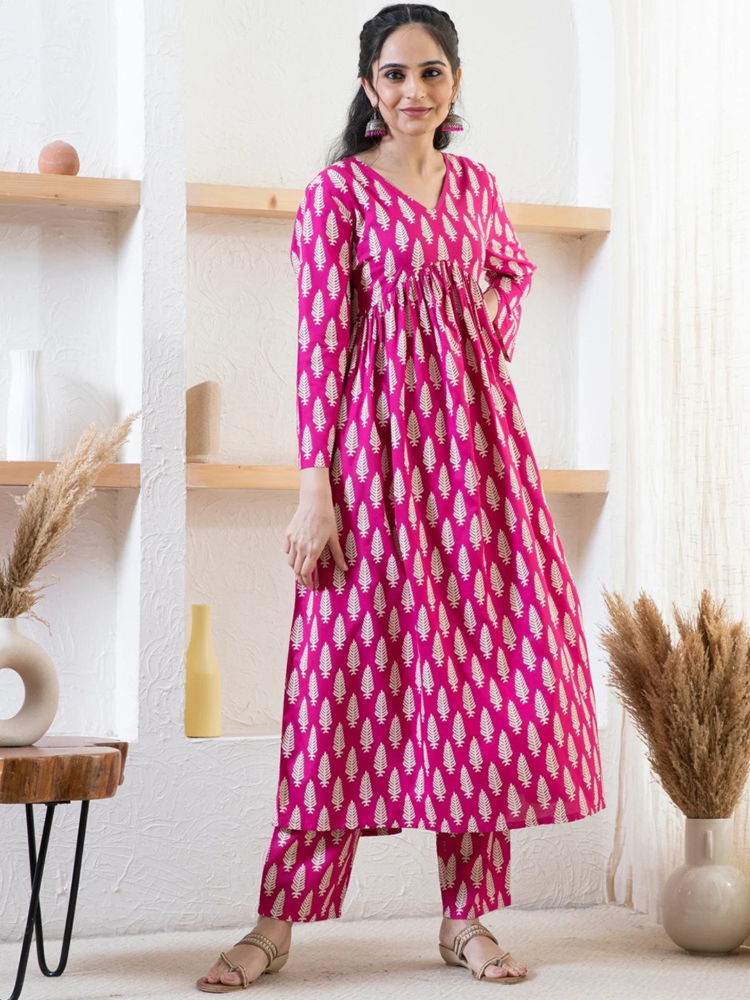 

KALINI Floral Printed A-Line Kurta With Palazzos, Pink