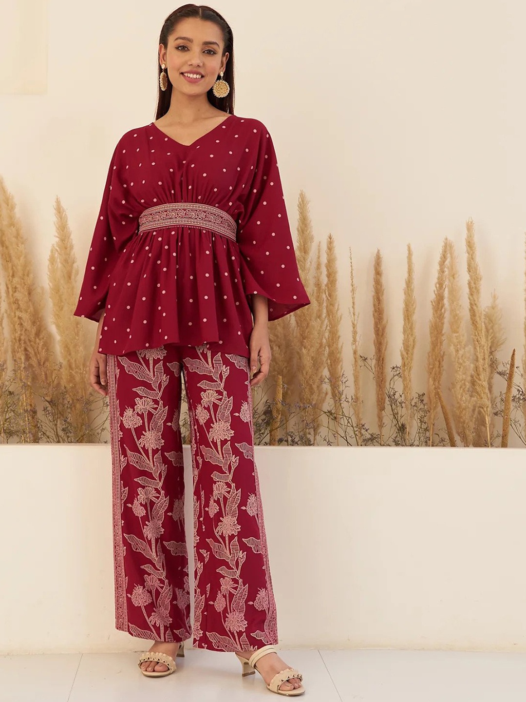 

KALINI Geometric Printed Kaftan Top with Palazzos & Belt, Maroon