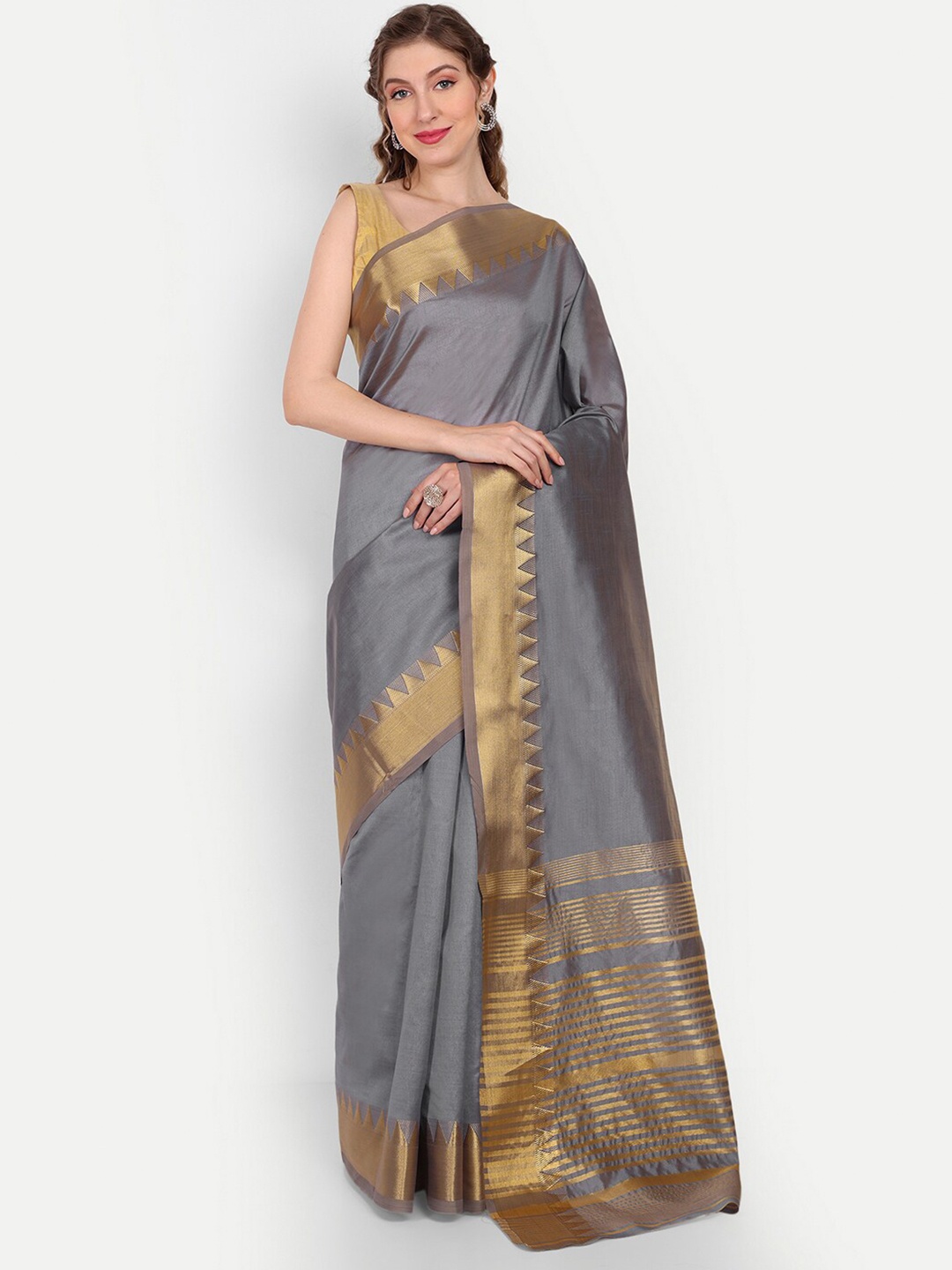 

Paramparik Textile Zari Silk Cotton Bhagalpuri Saree, Grey