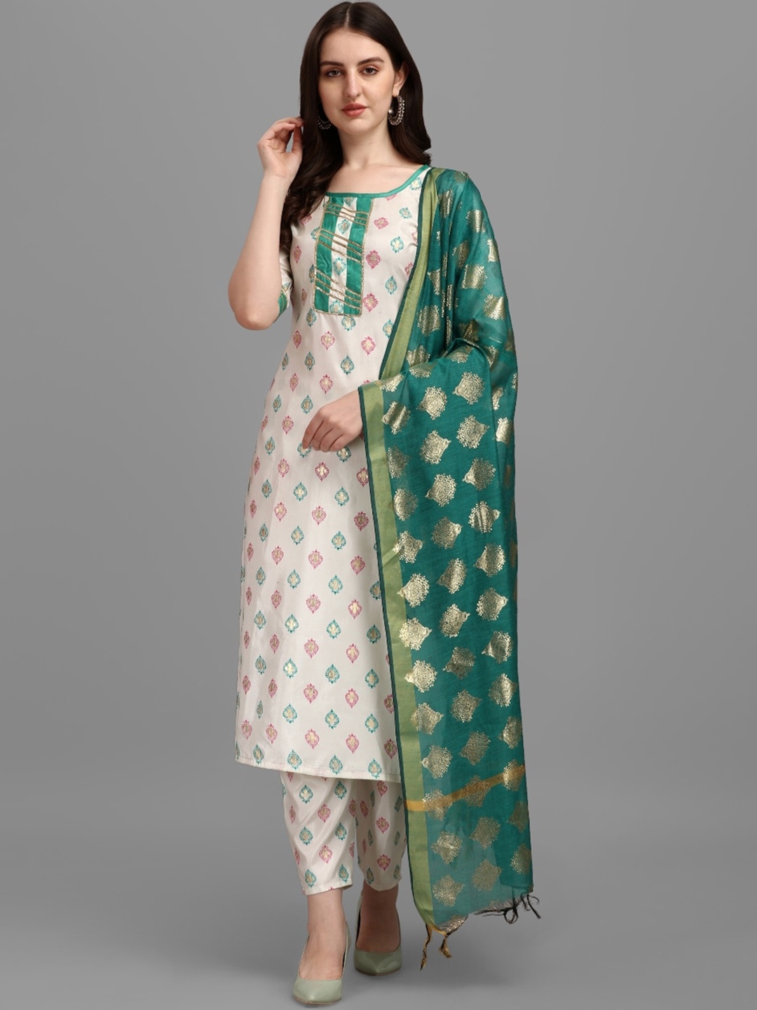 

KALINI Ethnic Motifs Printed Gotta Patti Kurta with Trousers & With Dupatta, Green