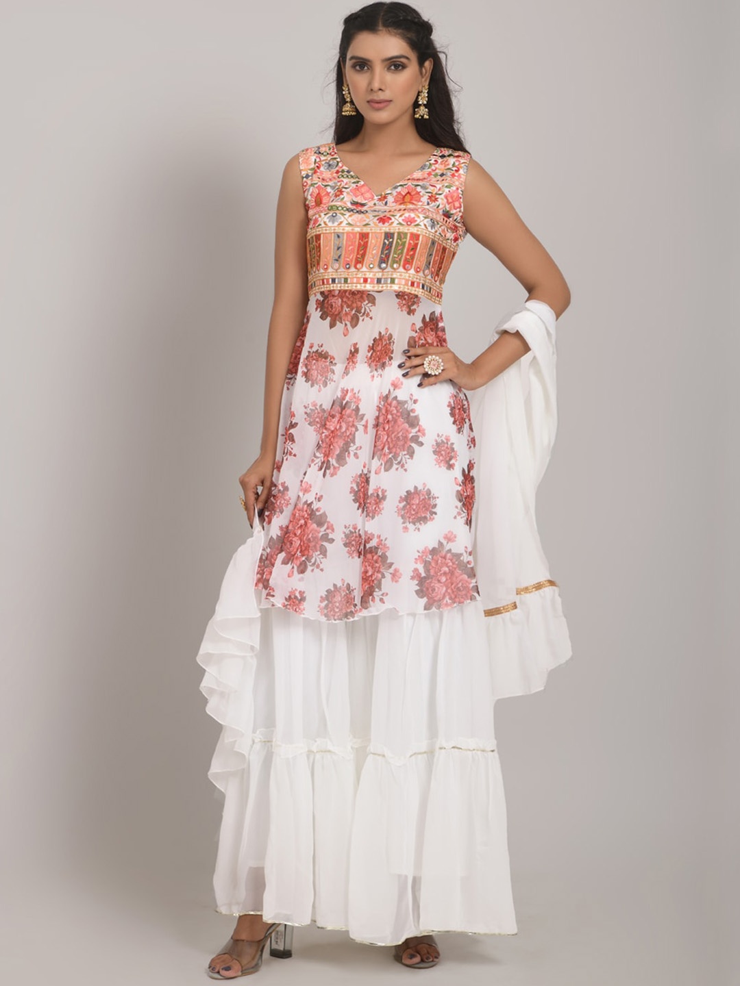 

Navlik Floral Embroidered Kurta With Sharara & Dupatta, White