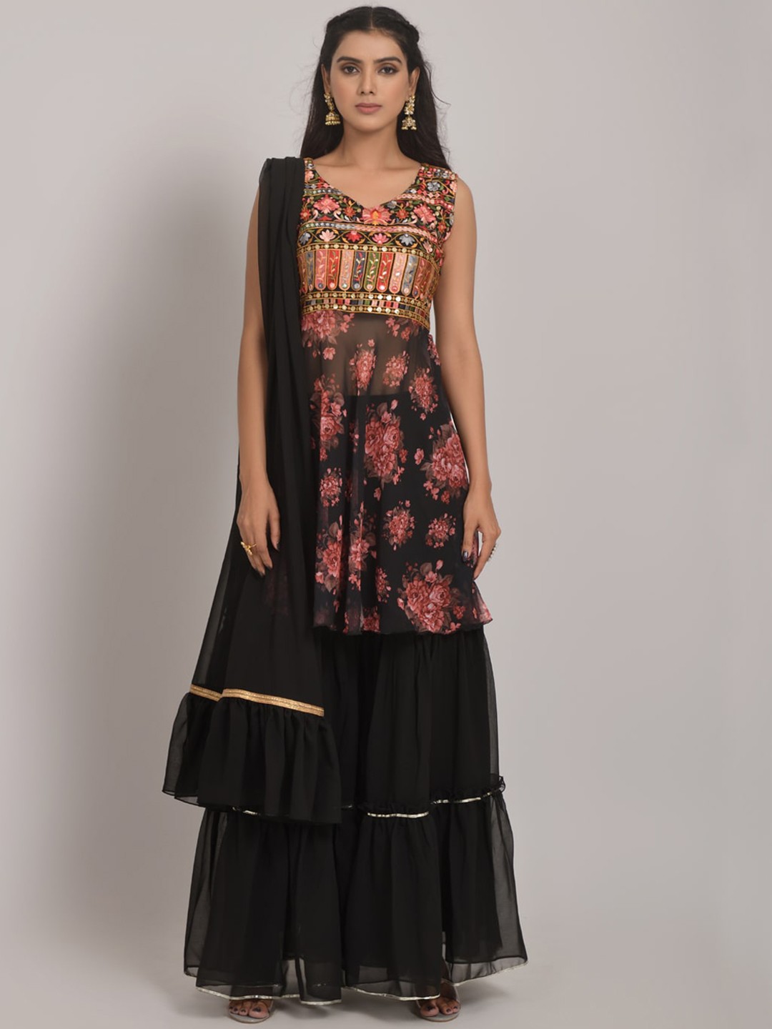 

Navlik Floral Embroidered Gotta Patti Kurta With Sharara & Dupatta, Black