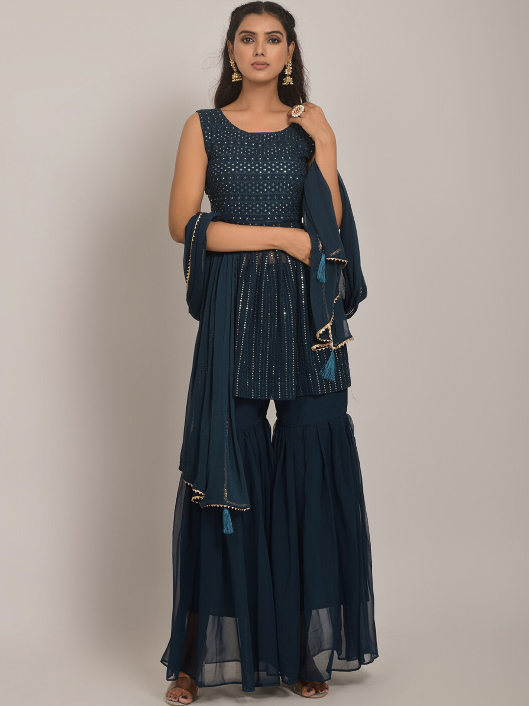 

Navlik Sequined Georgette Kurta With Sharara & Dupatta, Navy blue