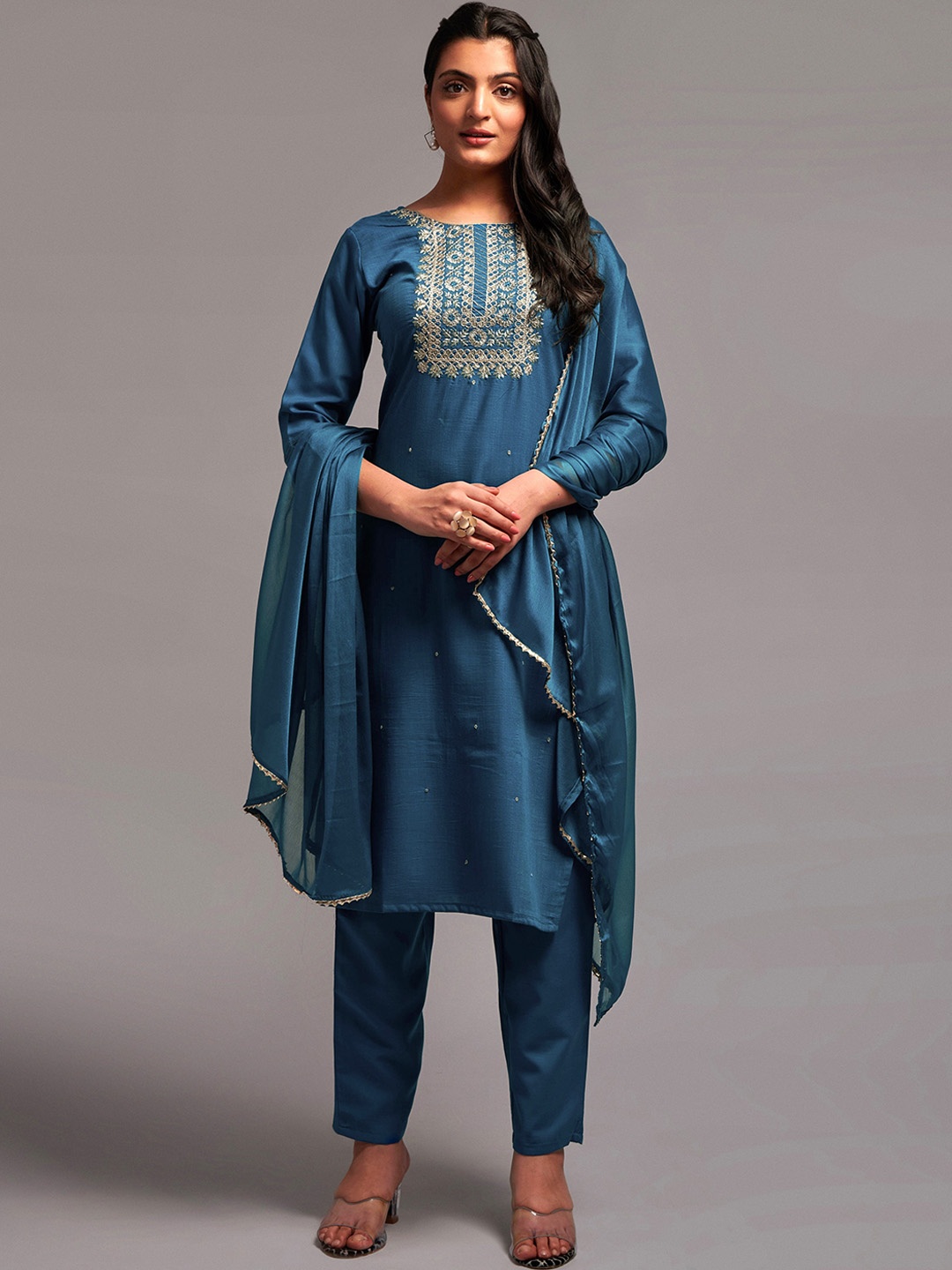 

Navlik Embroidered Kurta with Trousers & Dupatta, Turquoise blue
