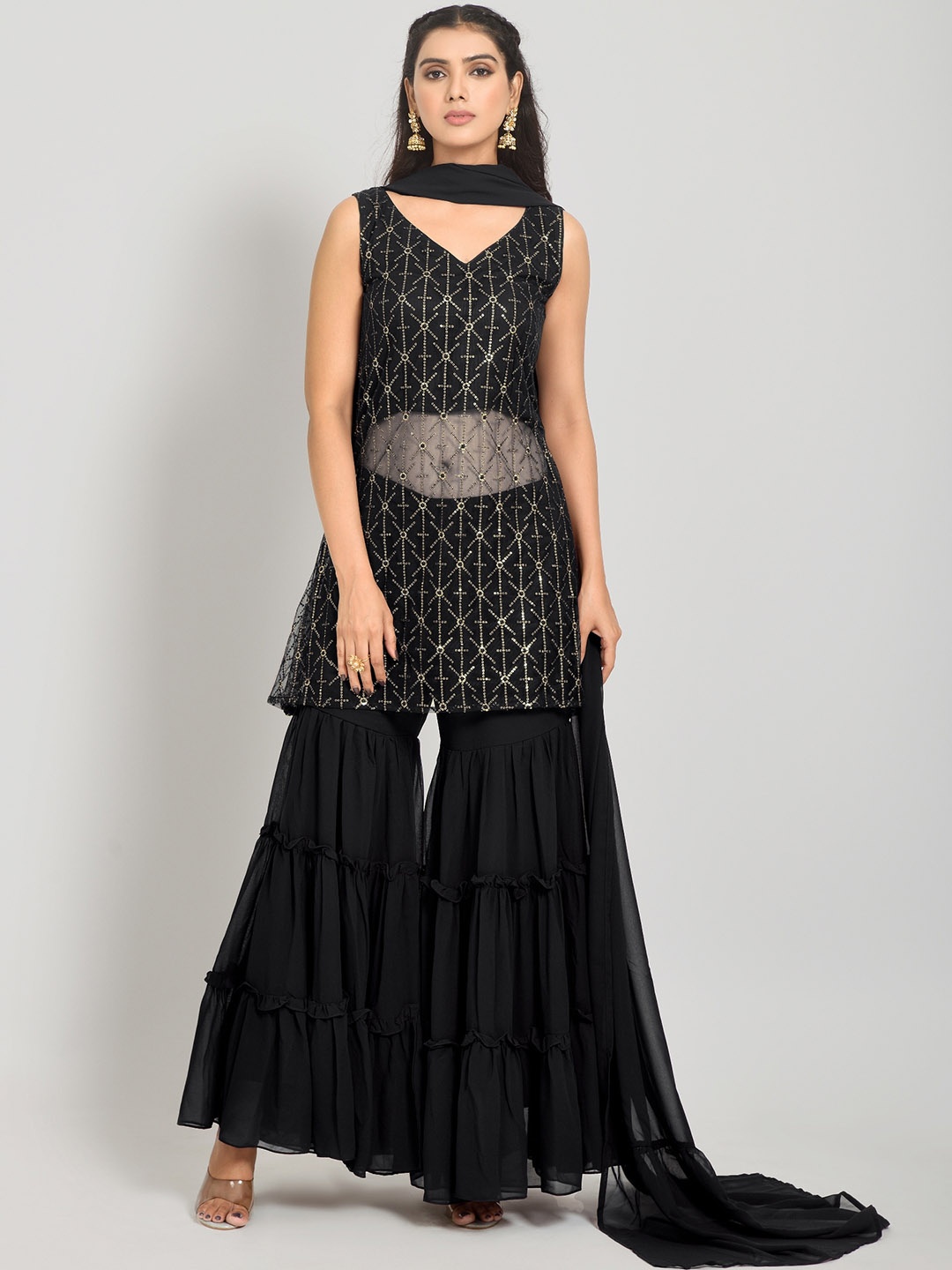 

Navlik Embellished Georgette Kurta with Sharara & With Dupatta, Black