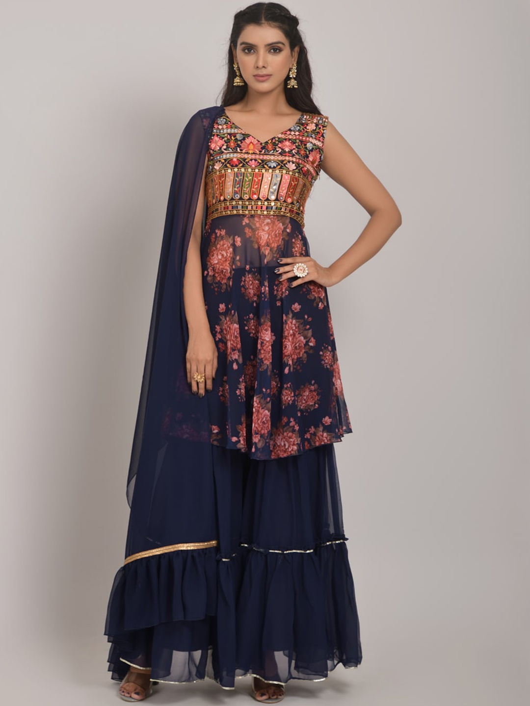 

Navlik Floral Embroidered Georgette Kurta With Sharara & Dupatta, Navy blue