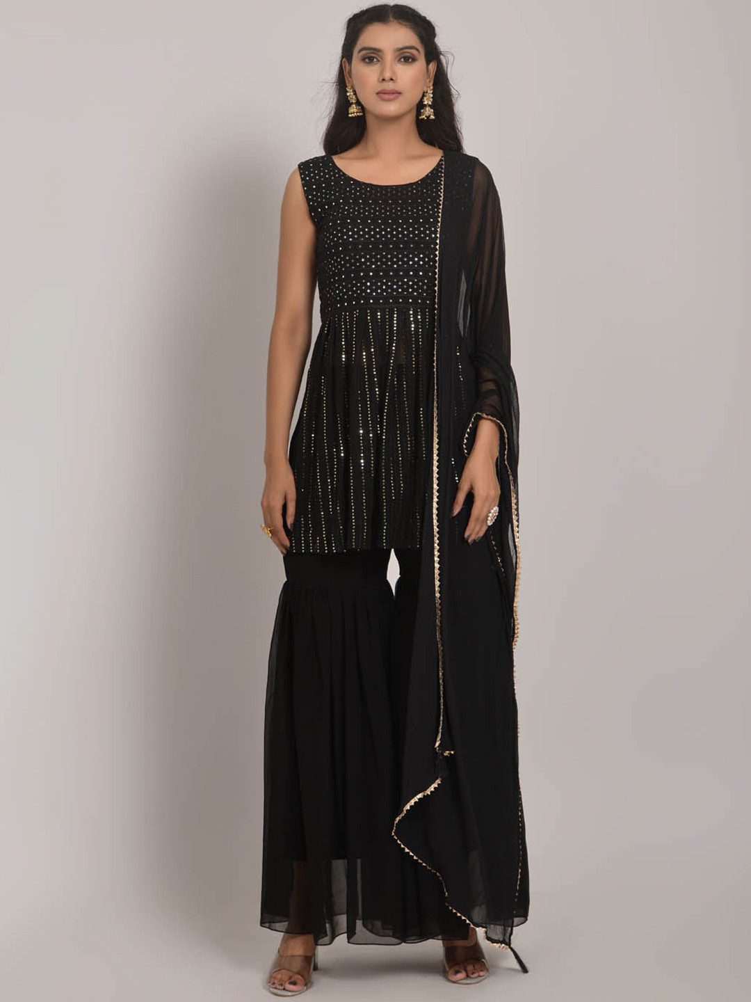 

Navlik Embellished Georgette Kurta with Sharara & With Dupatta, Black
