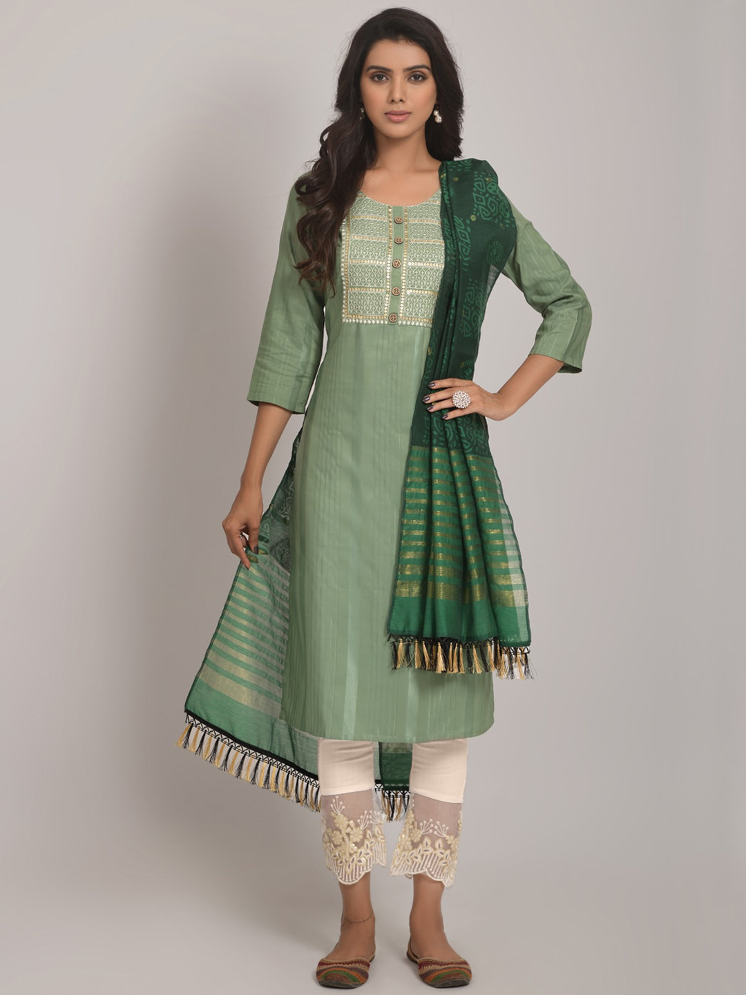 

Navlik Embroidered Kurta with Trousers & Dupatta, Green