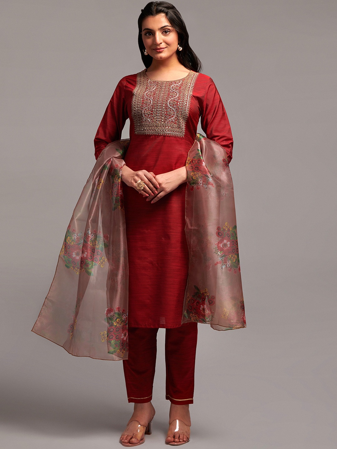 

Navlik Ethnic Motifs Embroidered Kurta With Trousers & Dupatta, Red