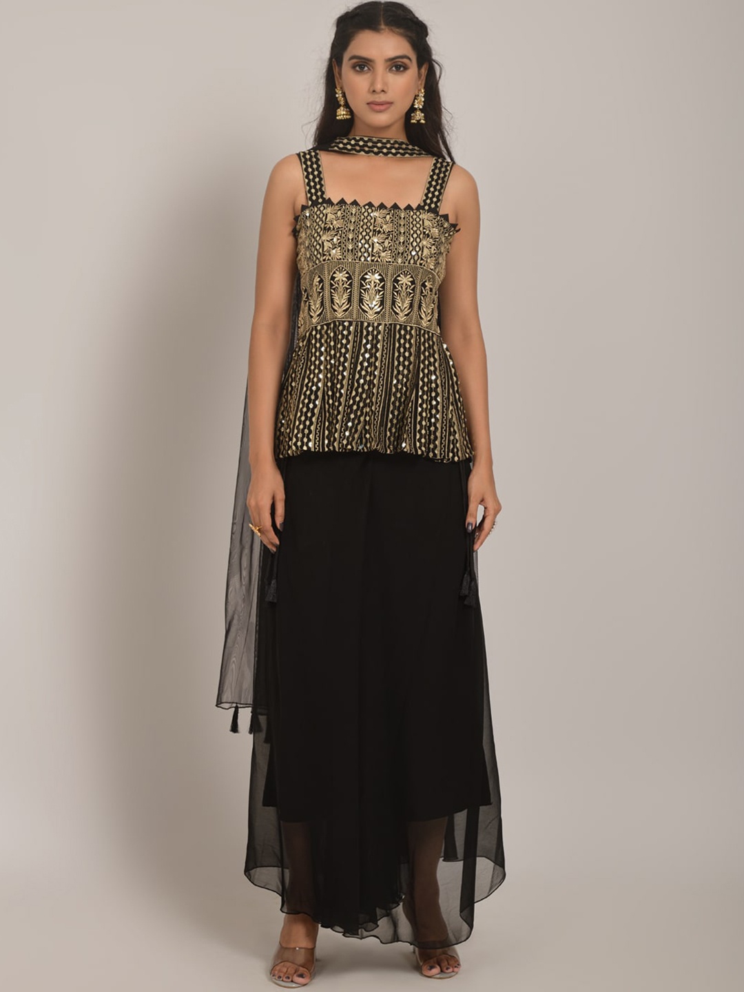 

Navlik Embroidered Kurta with Skirt & With Dupatta, Black
