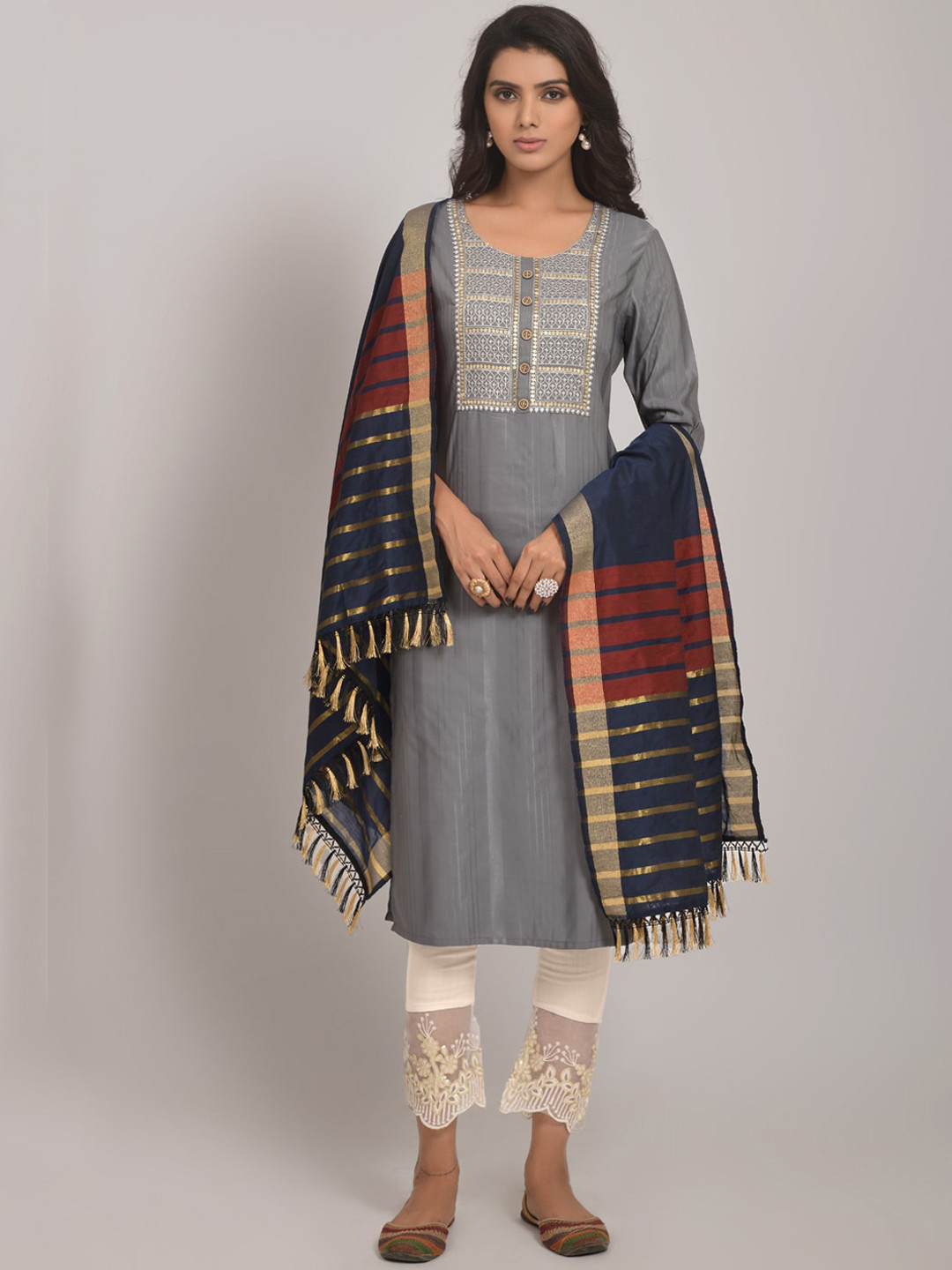 

Navlik Ethnic Motifs Embroidered Kurta With Trousers & Dupatta, Grey