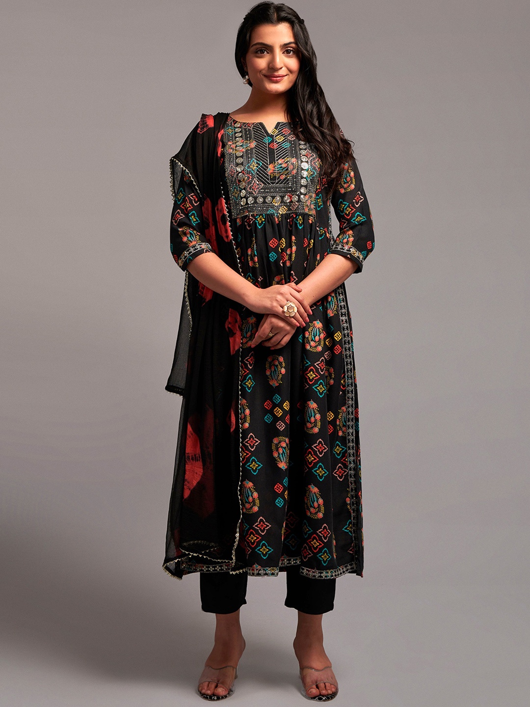 

Navlik Ethnic Motifs Embroidered Regular Sequinned Kurta With Trousers & Dupatta, Black