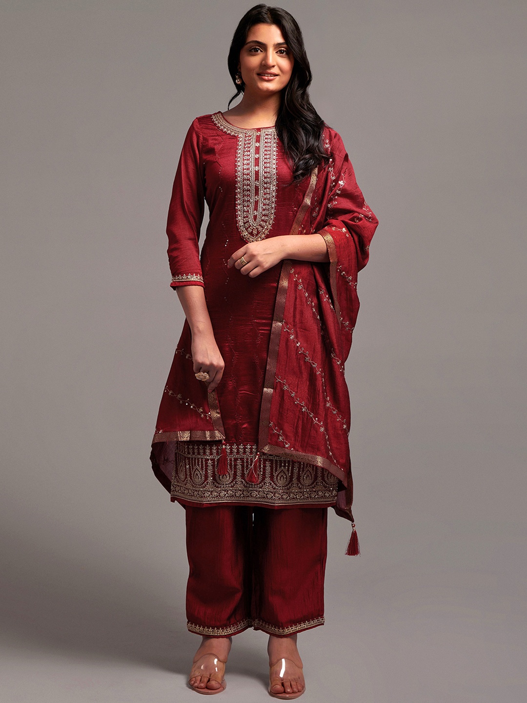 

Navlik Embroidered Kurta with Palazzos & With Dupatta, Maroon