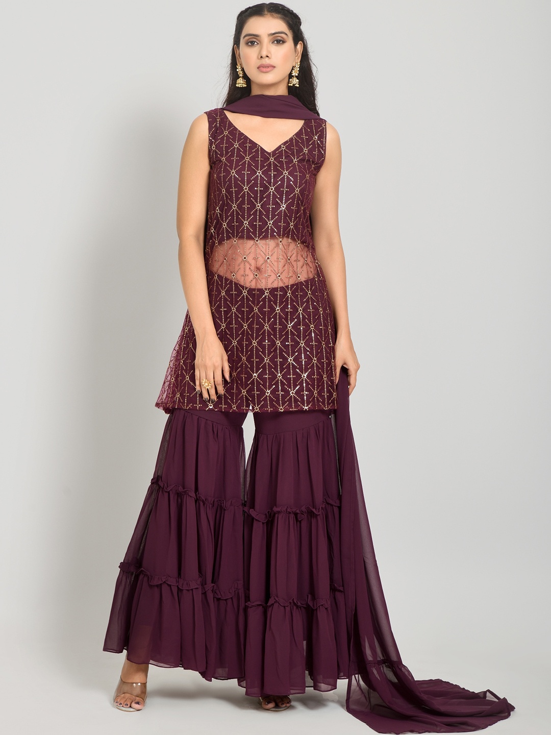 

Navlik Geometric Self Design Sequinned Georgette Kurta With Sharara & Dupatta, Maroon