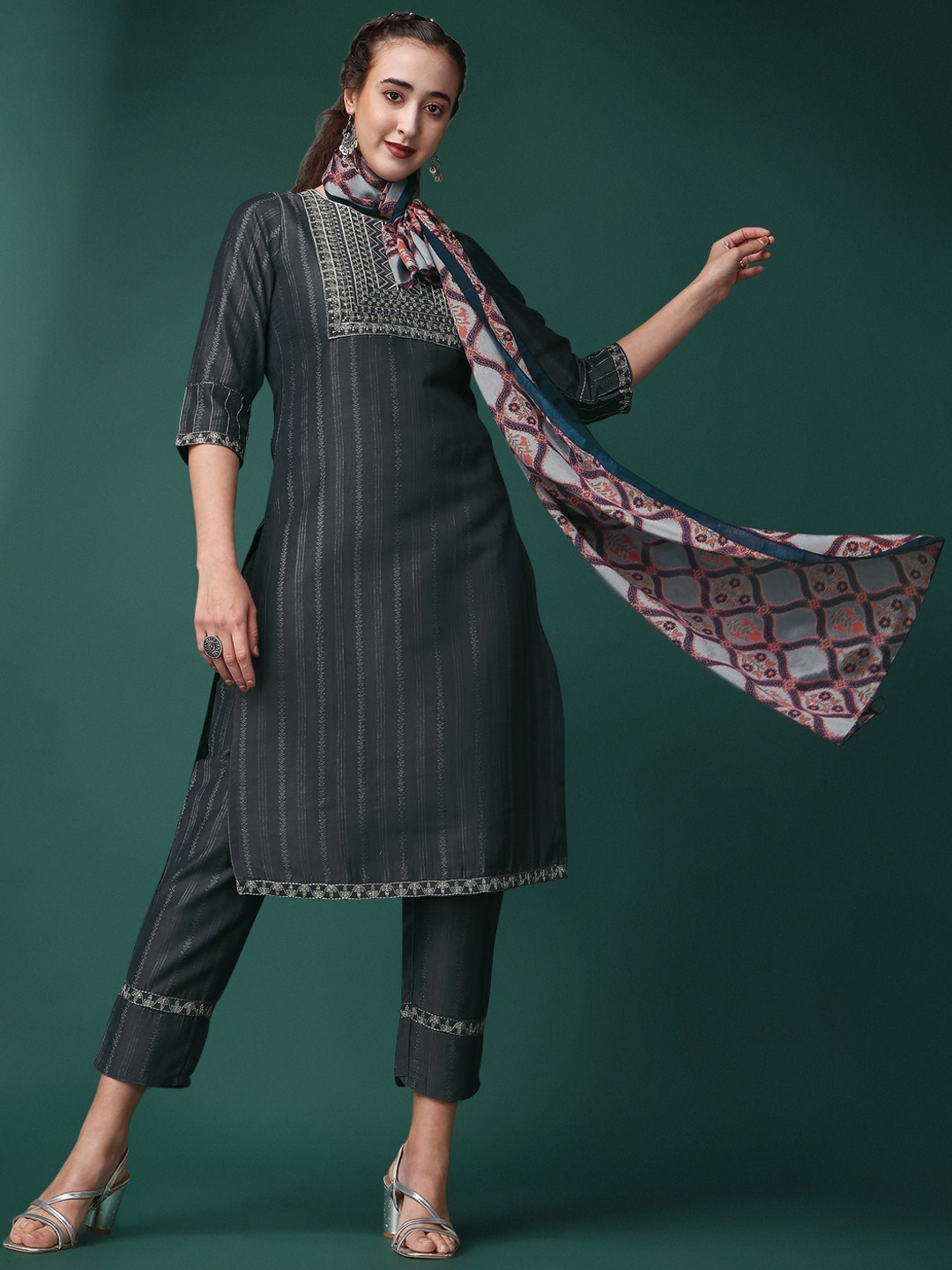 

Navlik Embroidered Striped Printed Kurta with Trousers & Dupatta, Grey