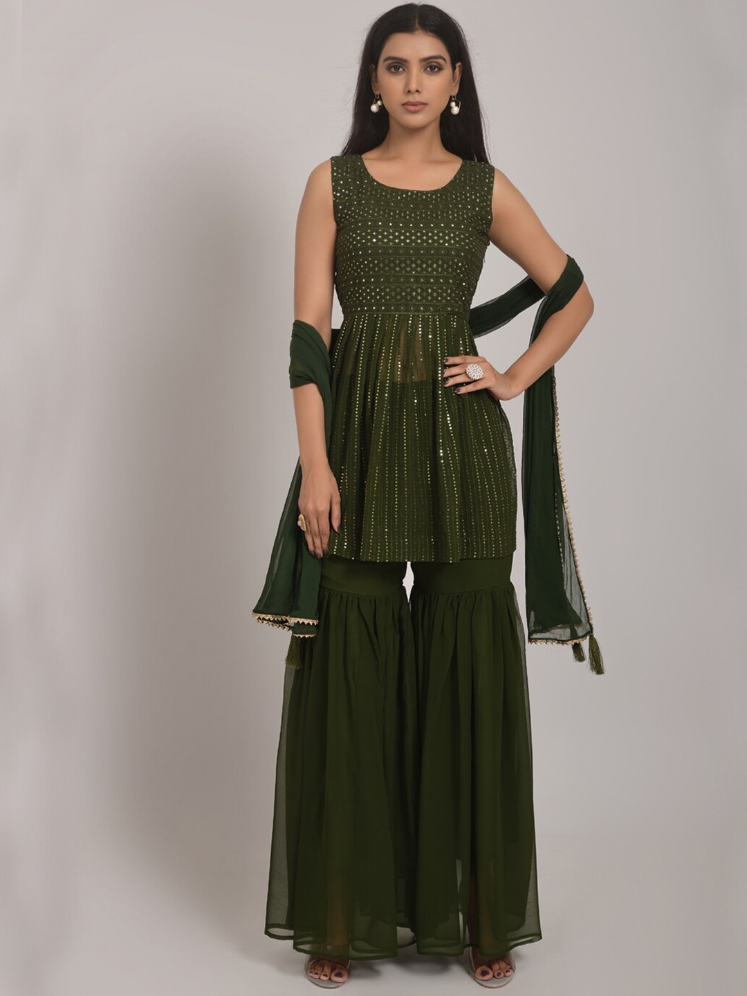 

Navlik Ethnic Motifs Embroidered Mirror Work Kurti With Sharara & Dupatta, Lime green