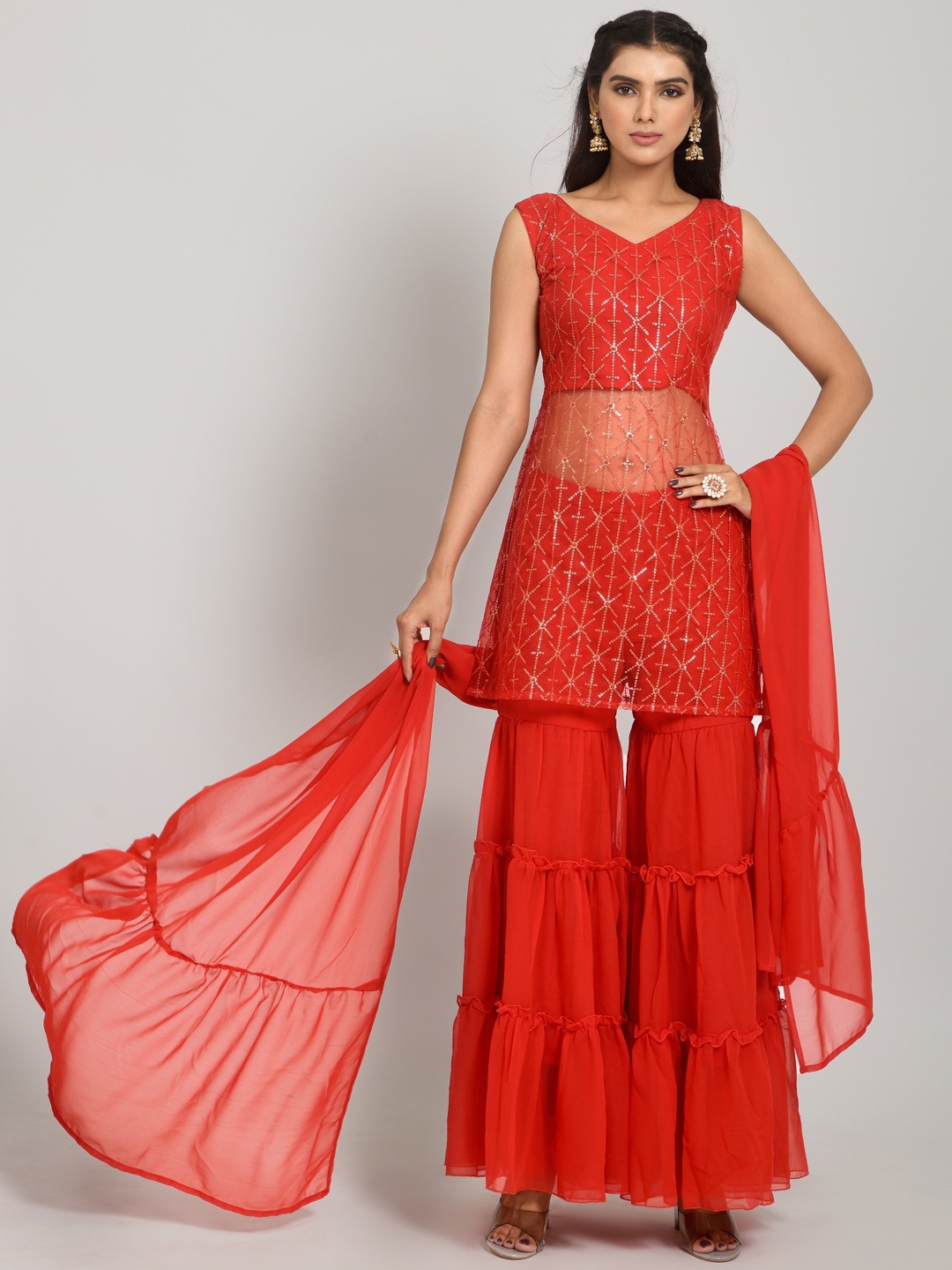 

Navlik Embroidered Sequinned Kurta With Sharara & Dupatta, Red