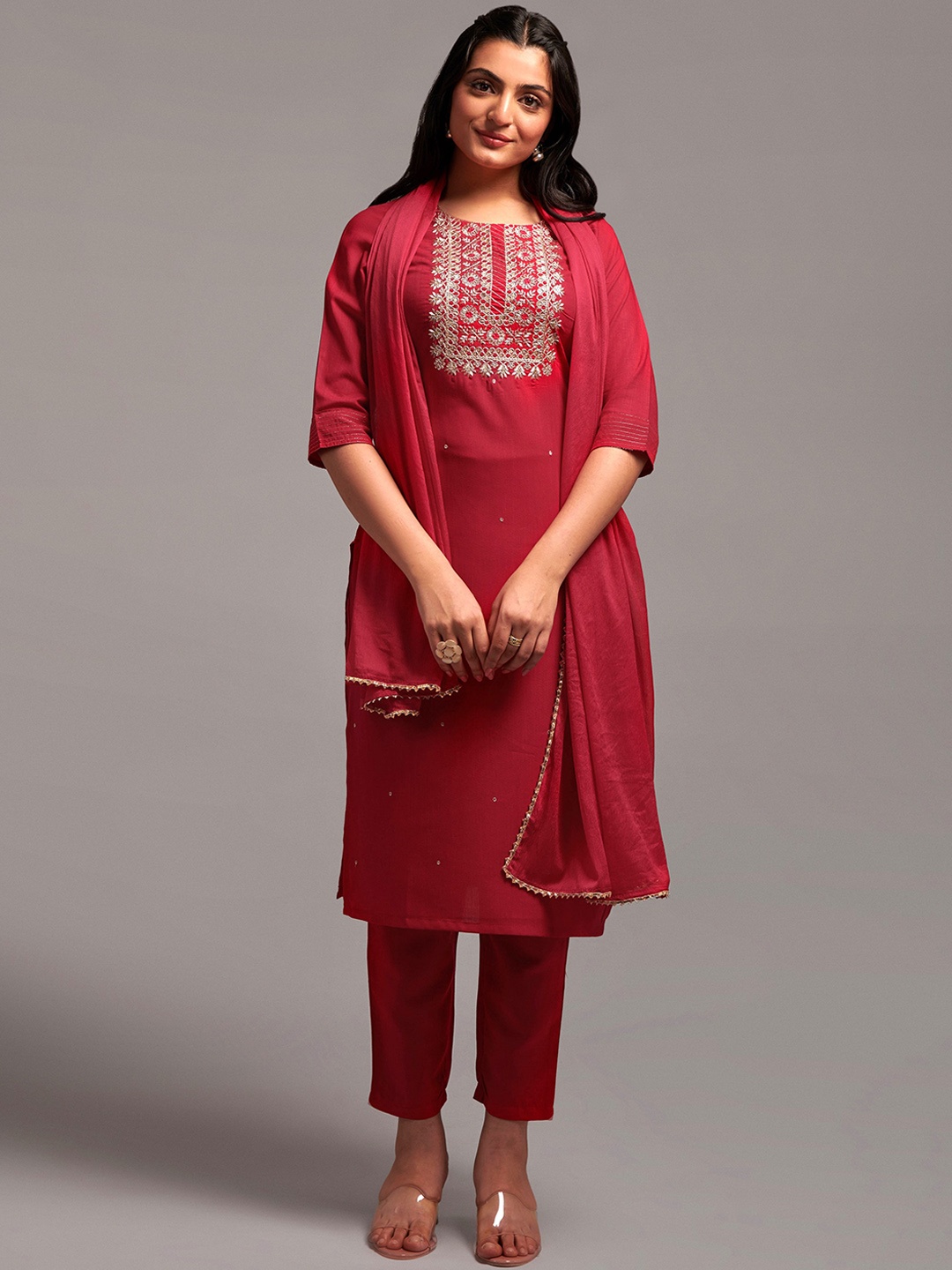 

Navlik Ethnic Motifs Embroidered Regular Thread Work Kurta & Trousers With Dupatta, Red