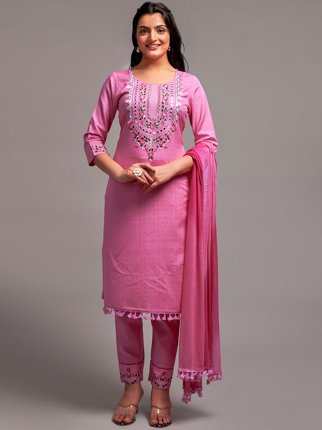 

Navlik Floral Embroidered Mirror Work Kurta With Trousers & Dupatta, Pink