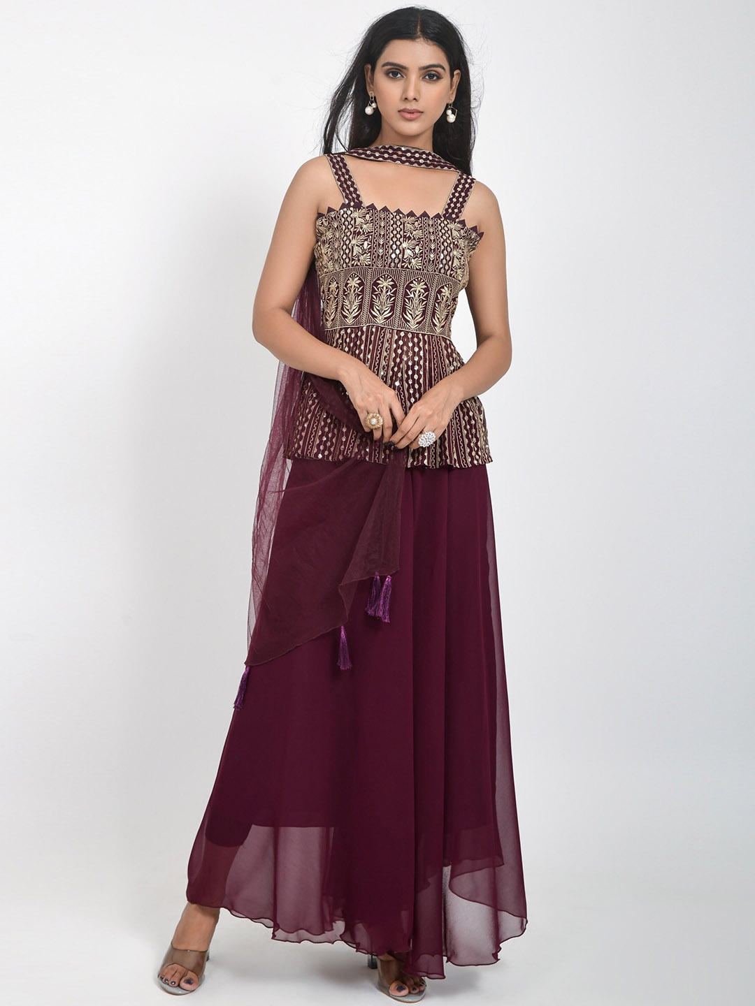 

Navlik Floral Embroidered Regular Sequinned Georgette A-line Kurti With Skirt & Dupatta, Purple