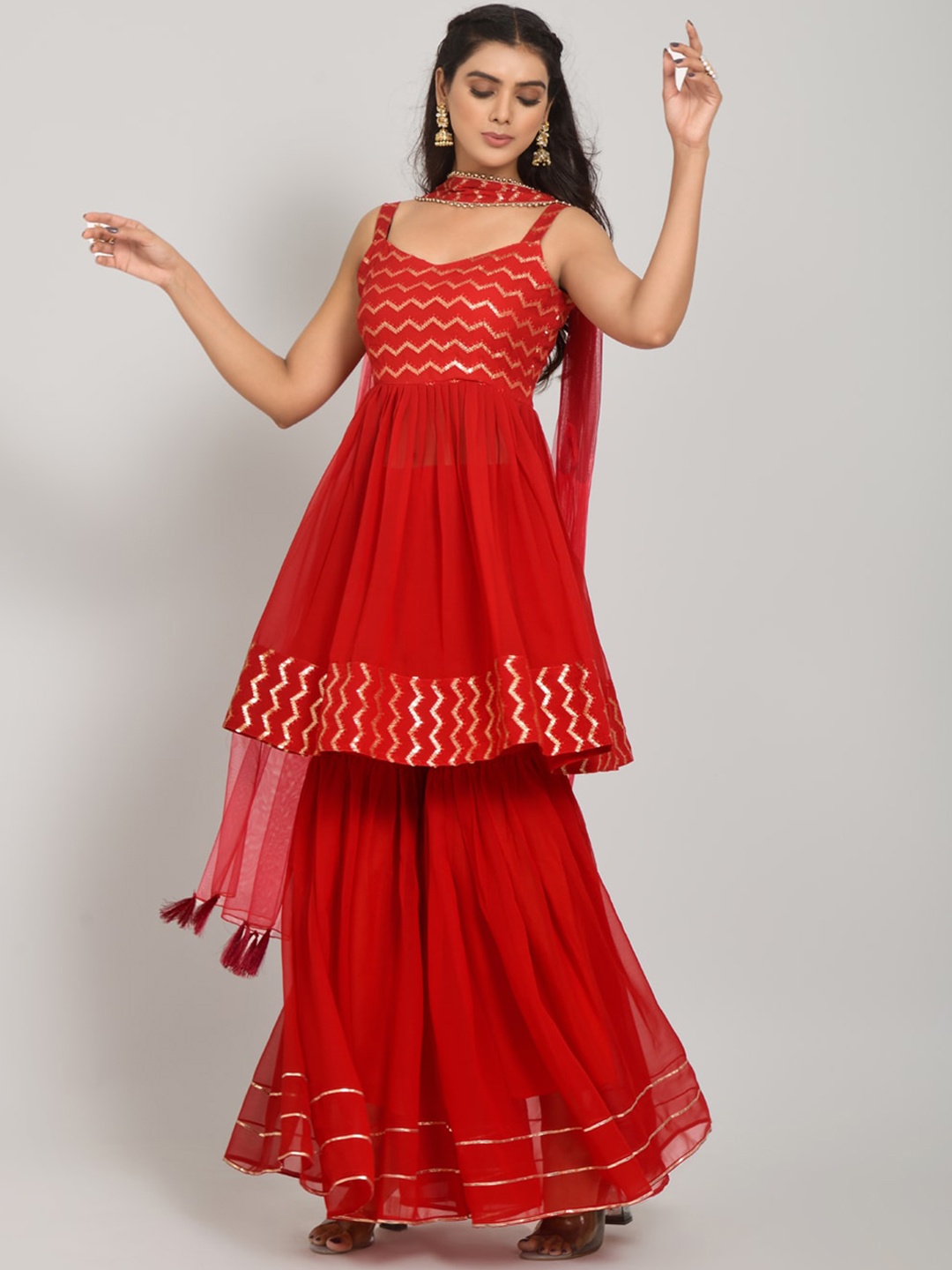 

Navlik Sequinned Embellished Kurti With Sharara & With Dupatta, Red