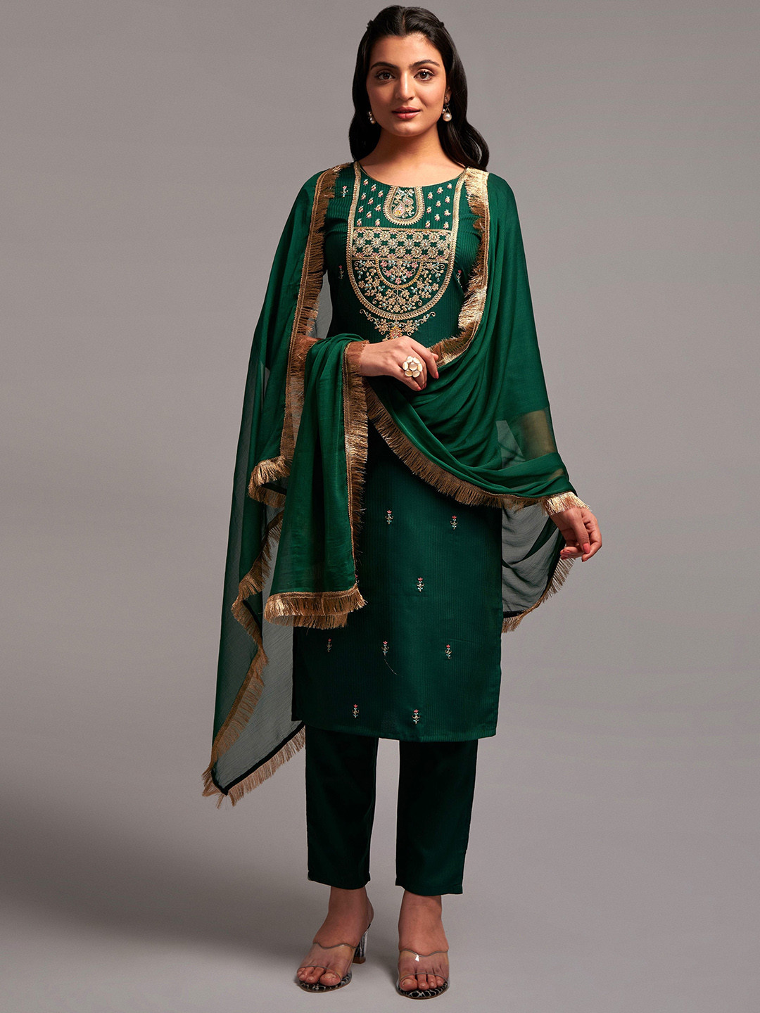 

Navlik Floral Embroidered Kurta with Trousers & Dupatta, Green