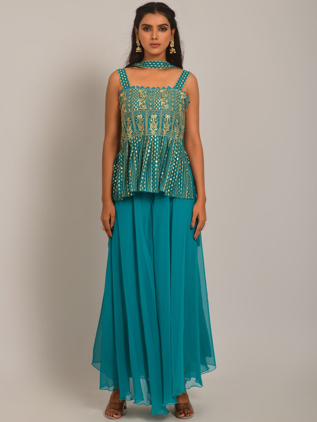 

Navlik Embroidered Thread Work Kurti with Skirt & With Dupatta, Turquoise blue