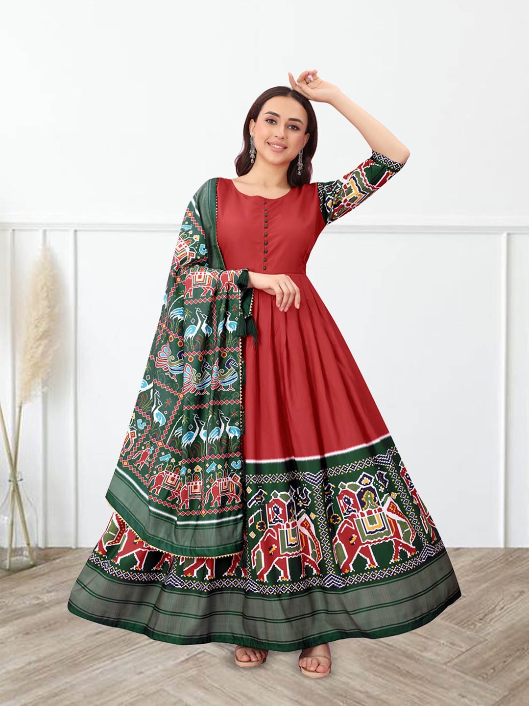 

N N ENTERPRISE Ethnic Motifs Printed Silk Fit & Flare Ethnic Dress With Dupatta, Red